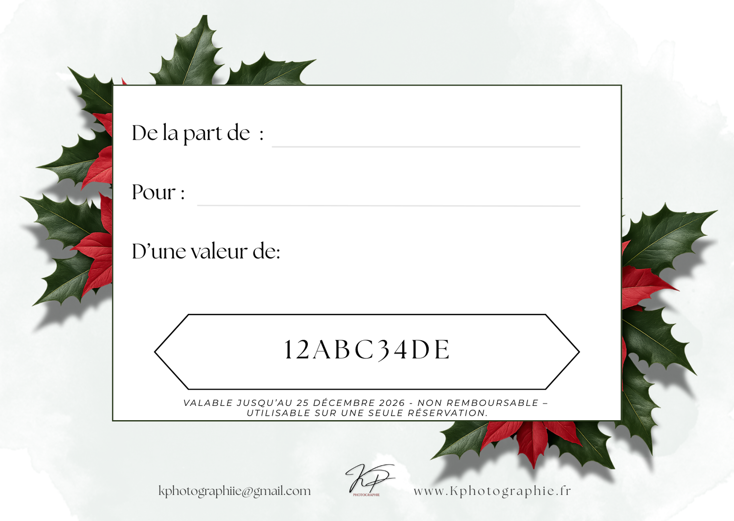 Decorative Christmas border design with holly leaves and red berries framing white text space.