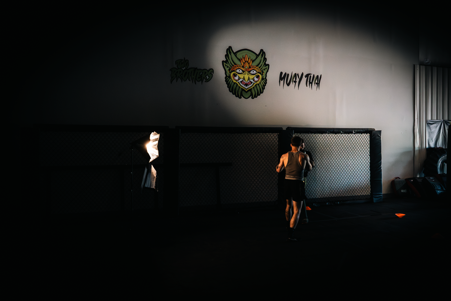A dark silhouette of a person stands against a dimly lit background creating a moody atmospheric scene.