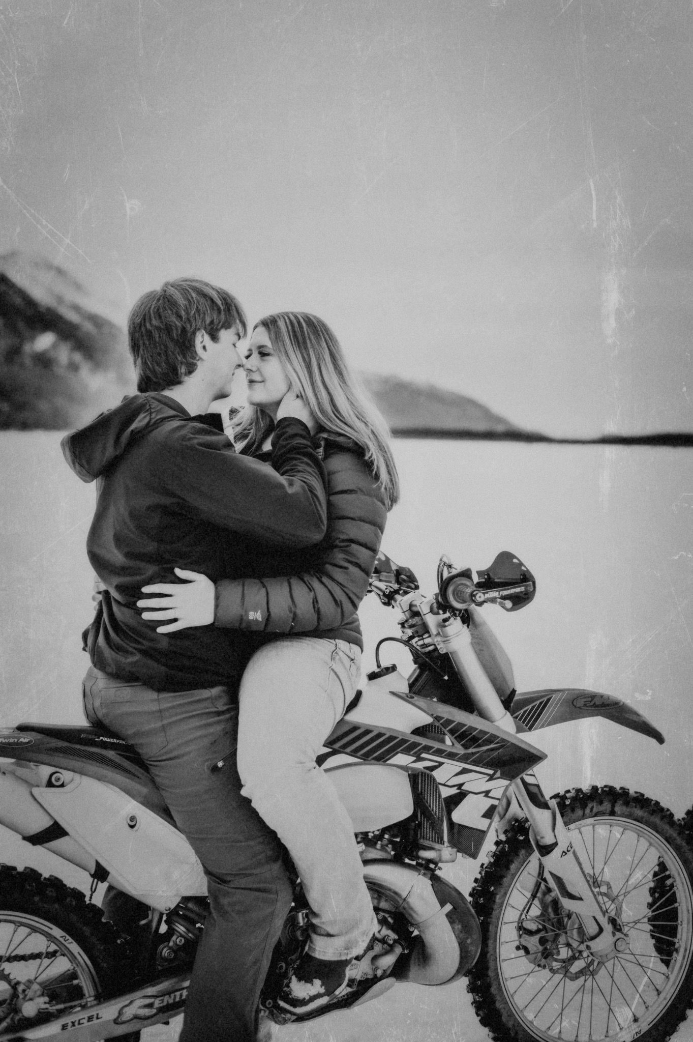 Black and white photo series featuring a motorcycle against a scenic backdrop.