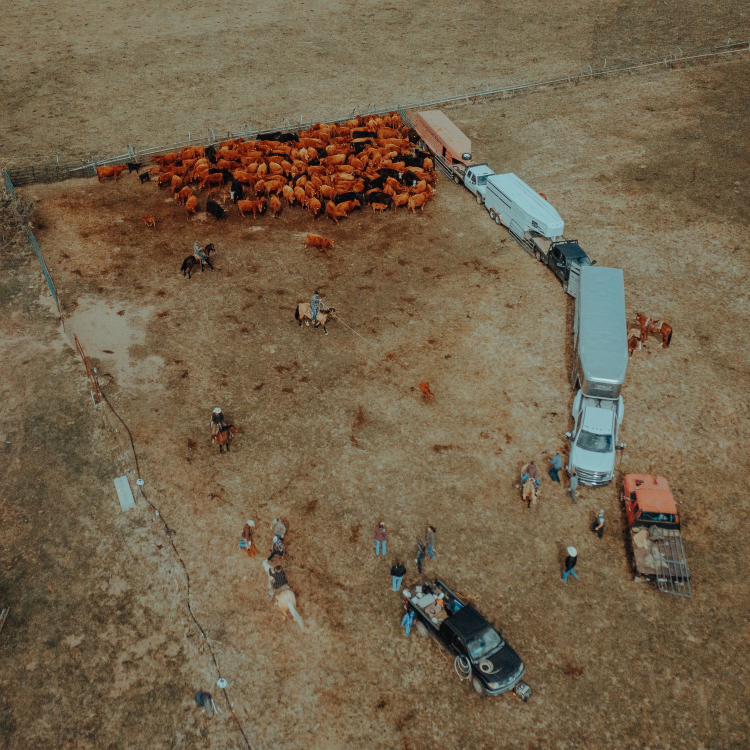 Aerial view of trucks and trailers scattered across a dusty rodeo grounds.