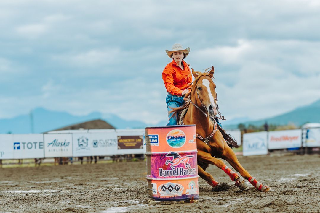Barrel racing competition with rider navigating around pink barrels in dusty arena.