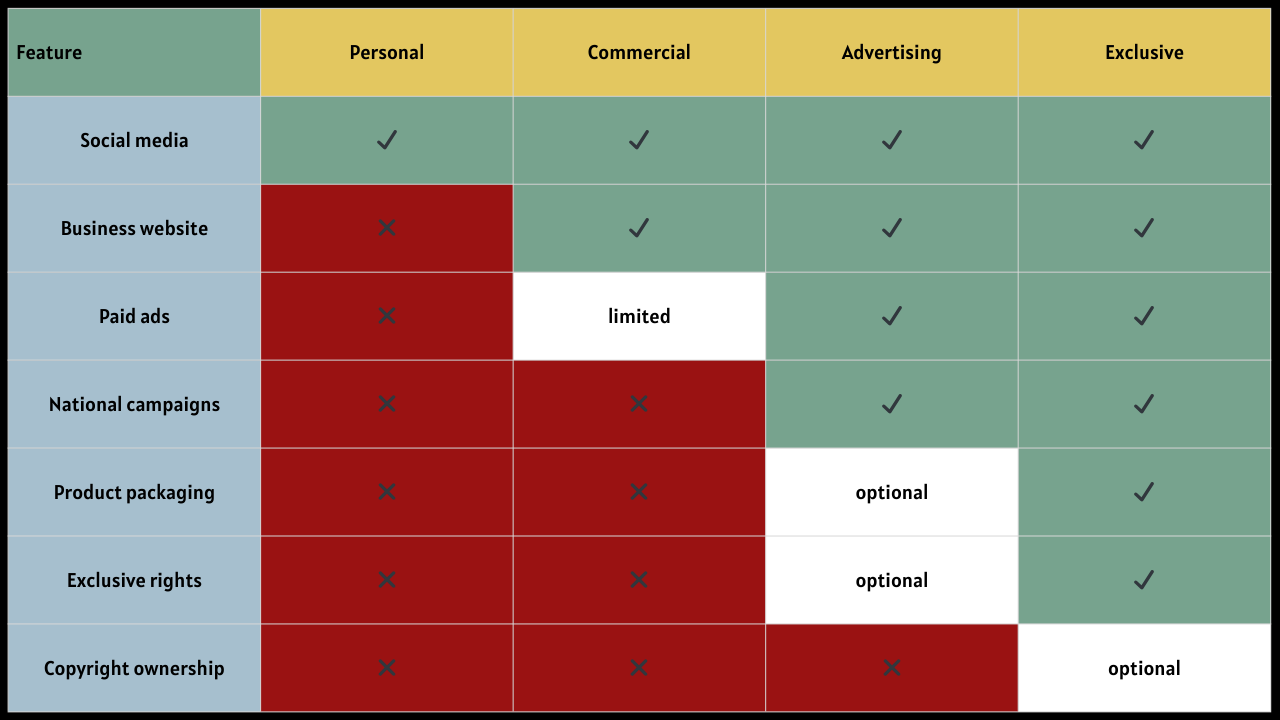 A green and red matrix chart showing social media and business features across different categories and permissions.