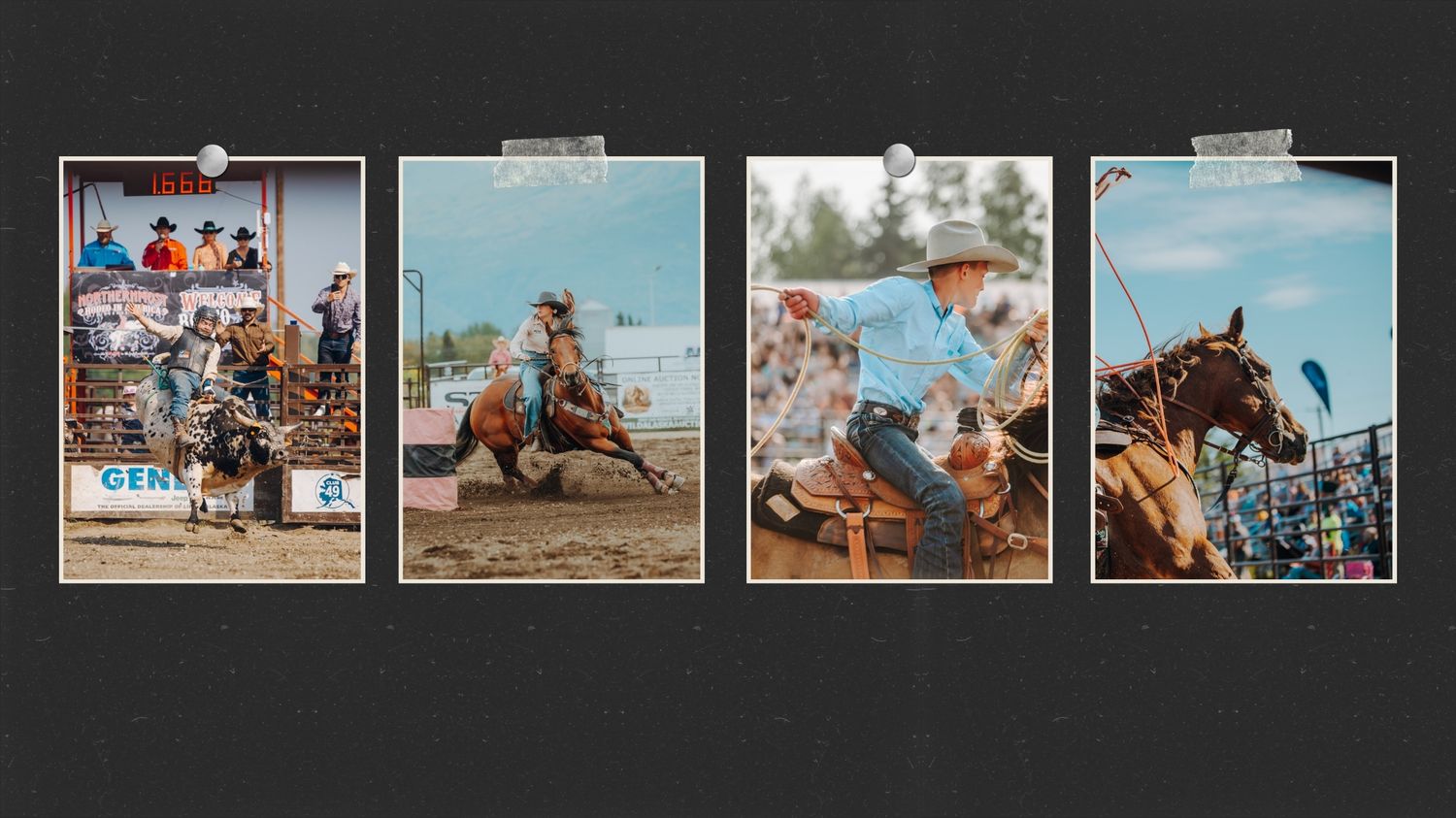 Collection of vintage-style rodeo action photos showing riders competing in western events.