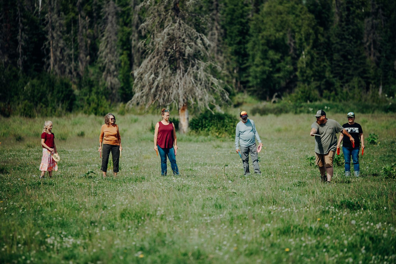 Group of people walking through a green meadow with forest backdrop.