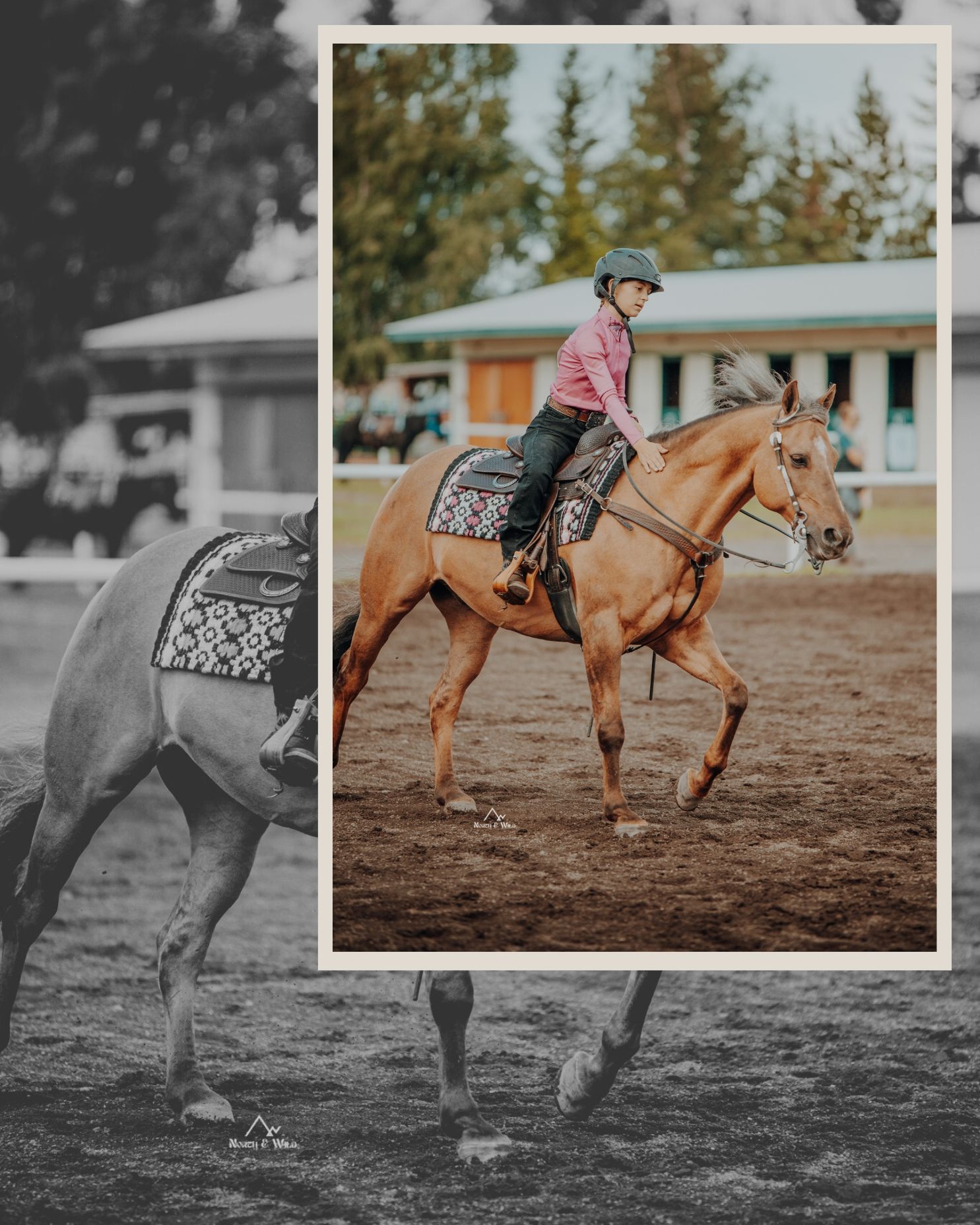Artistic split photo of a horse rider in action at a rodeo arena, half in color and half in black and white.
