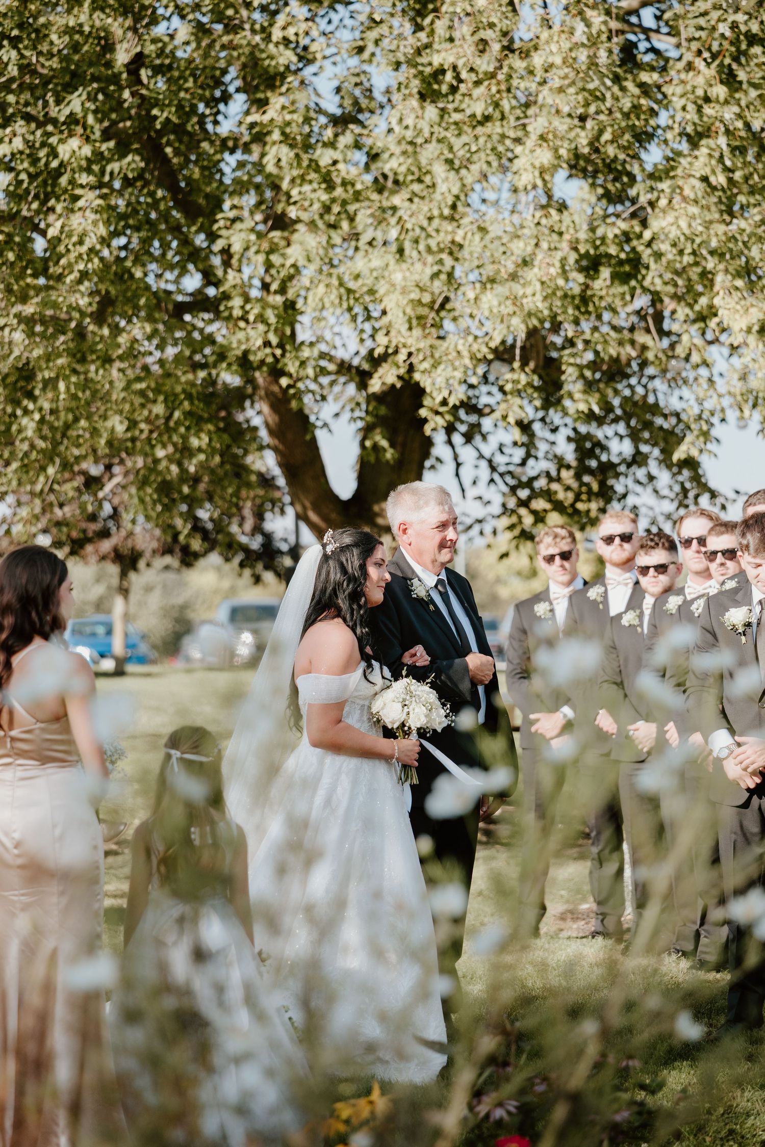 An outdoor wedding ceremony takes place under a large tree with sunlight filtering through the branches.