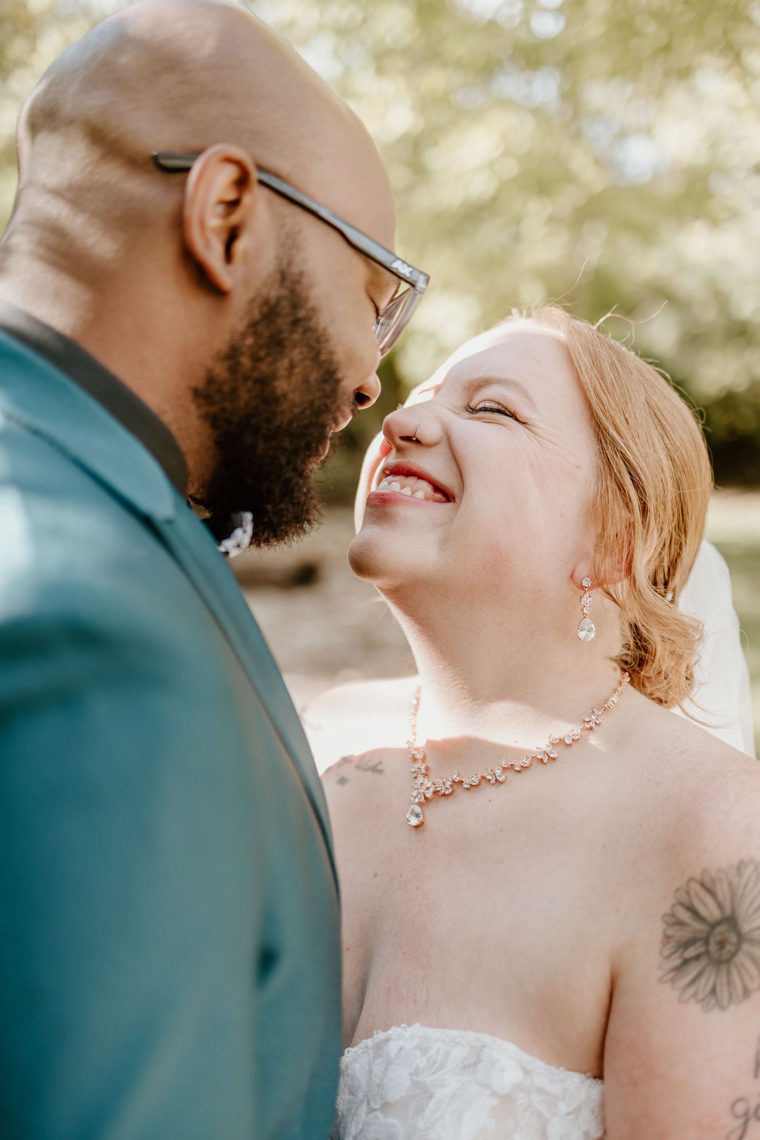 A romantic wedding couple shares intimate moments in a series of close-up photos outdoors with soft natural lighting.