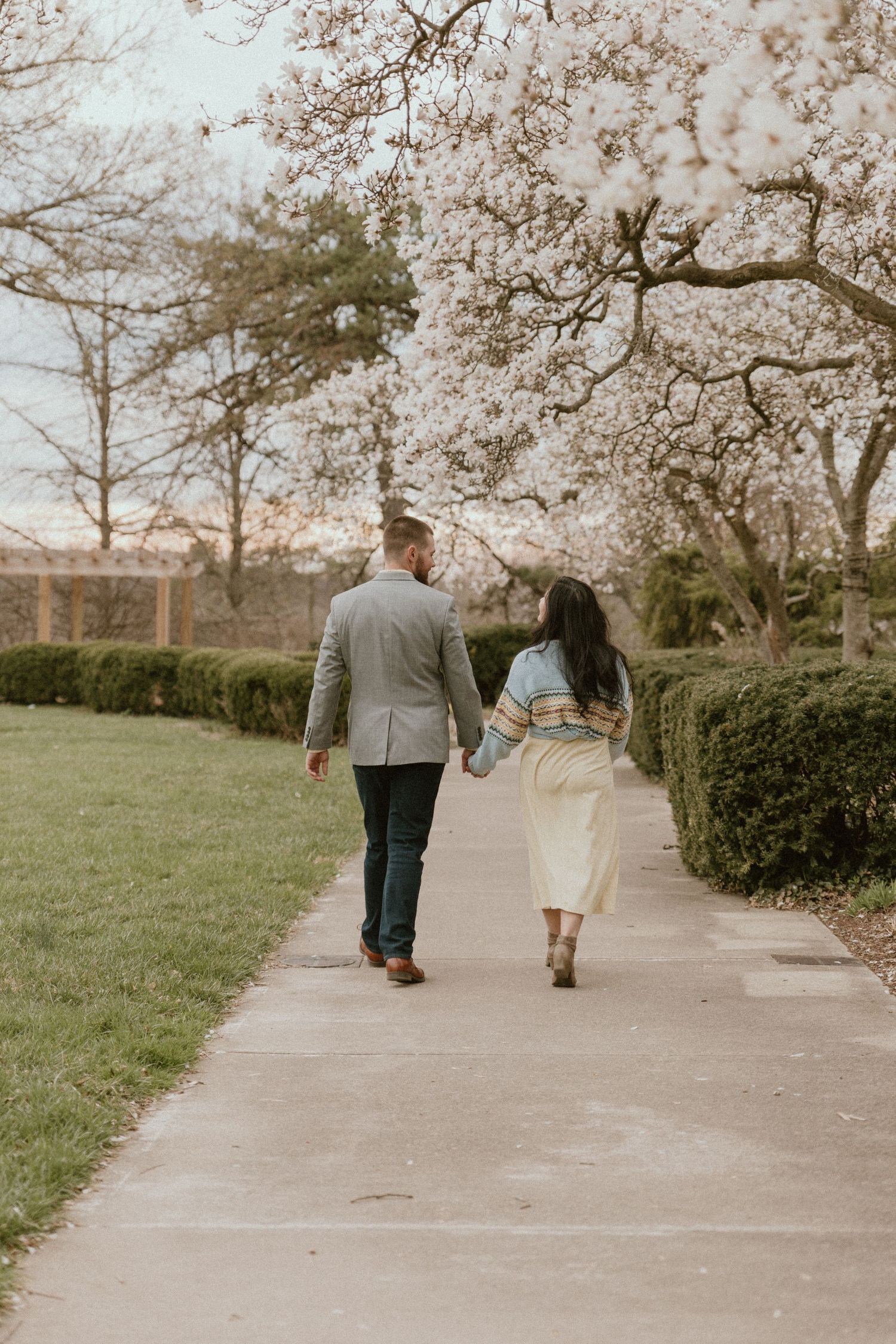 Couple walking hand in hand along pathway lined with blooming cherry trees.