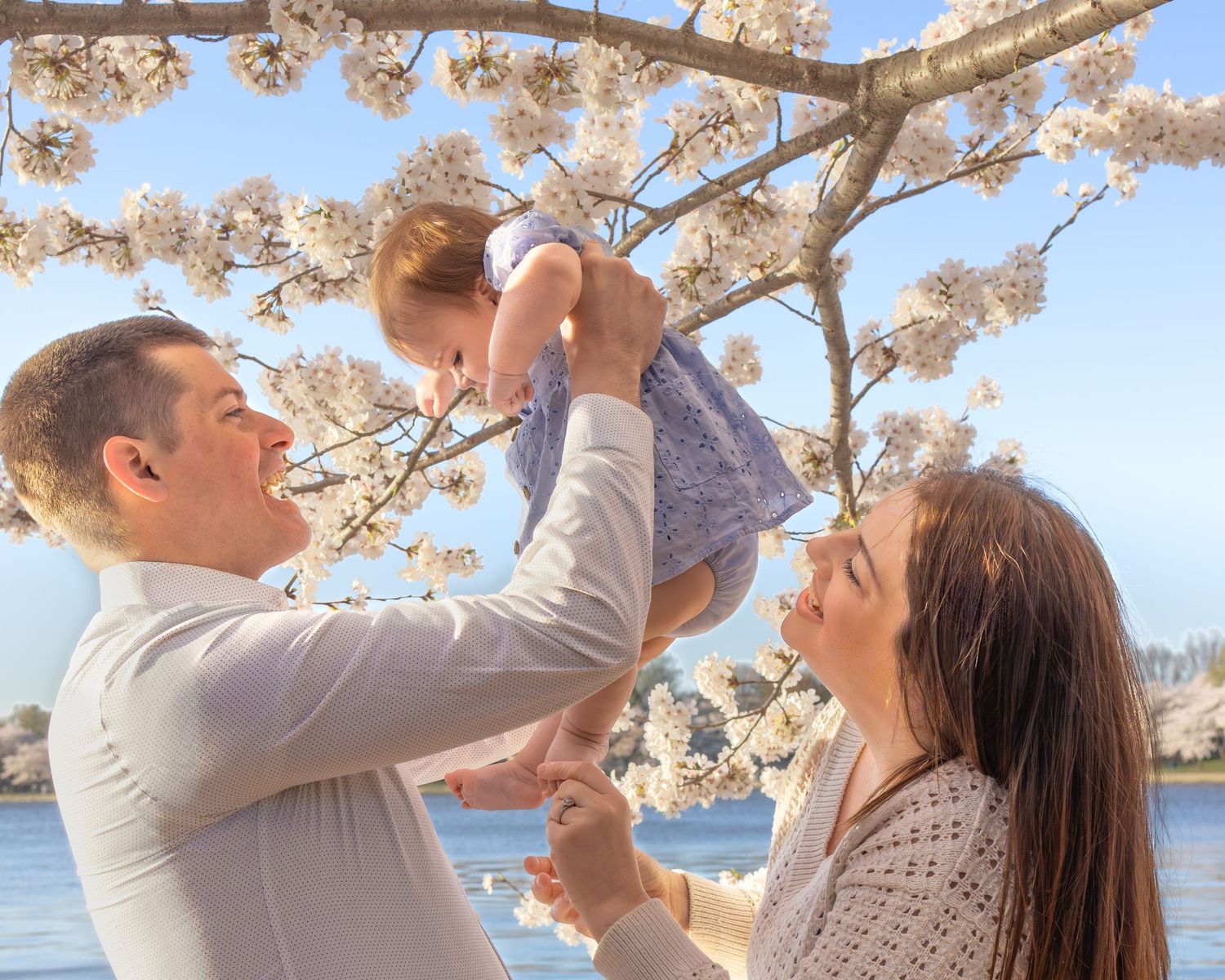 Family lifting baby girl under cherry blossom trees near water on a sunny spring day.