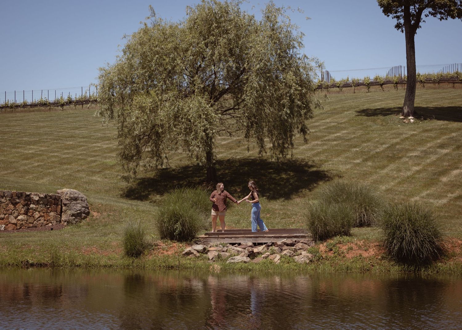 Couple standing on a stone bridge by a pond near a weeping willow tree with vineyard hills in background.