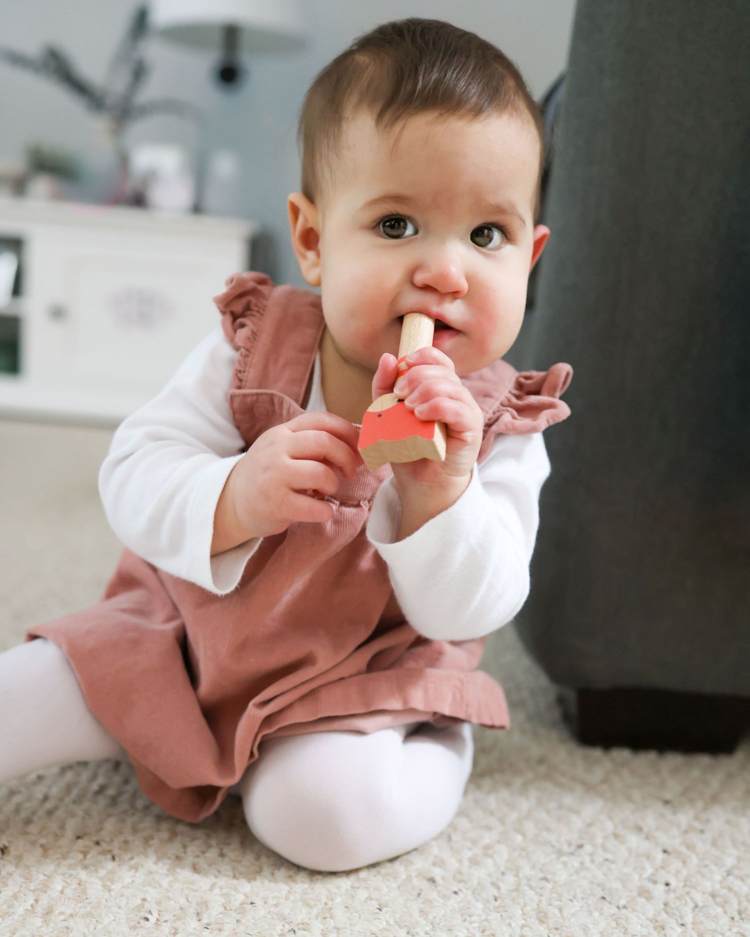 A cute baby girl in a pink dress and white tights sits on carpet, chewing on a colorful wooden toy.