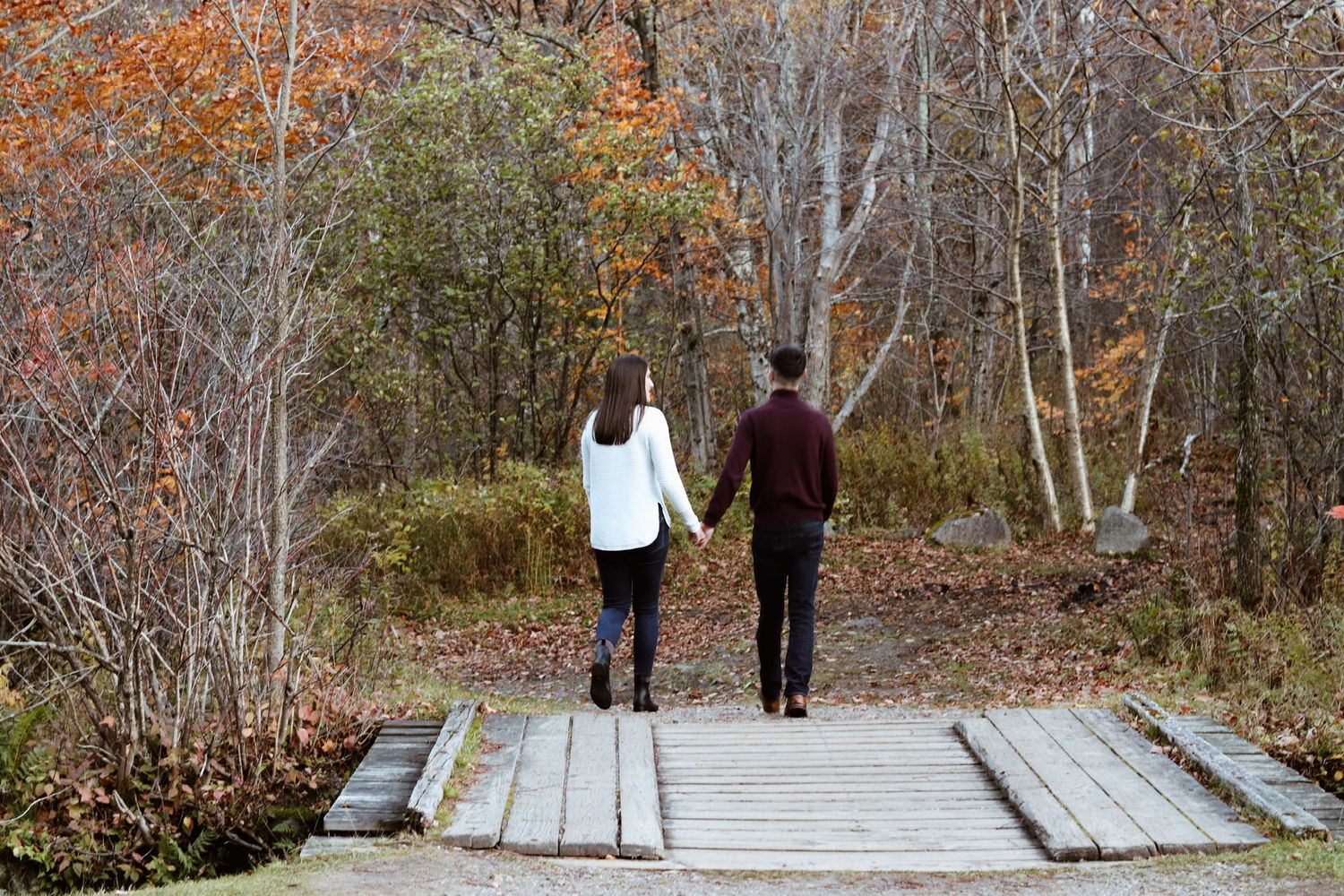 Couple holding hands walking on a wooden path through colorful autumn forest trees from behind.