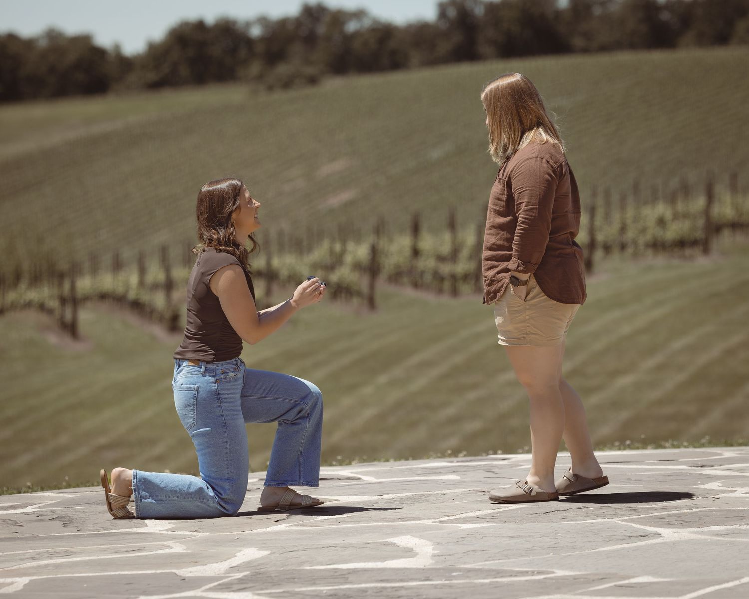 Person kneeling on stone patio proposing to partner near lush green vineyard on sunny day.