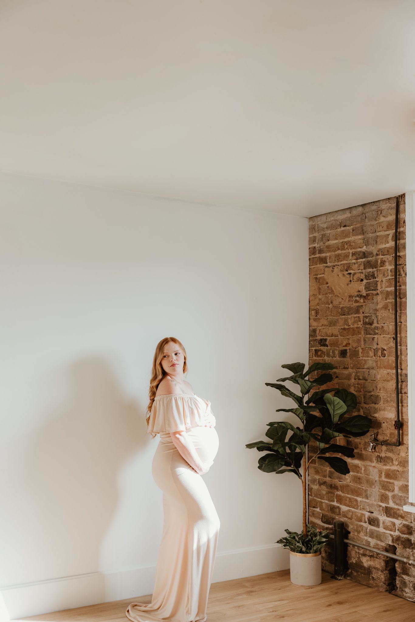Light and airy studio space with exposed brick walls and fiddle leaf fig plant creates minimalist photography backdrop.
