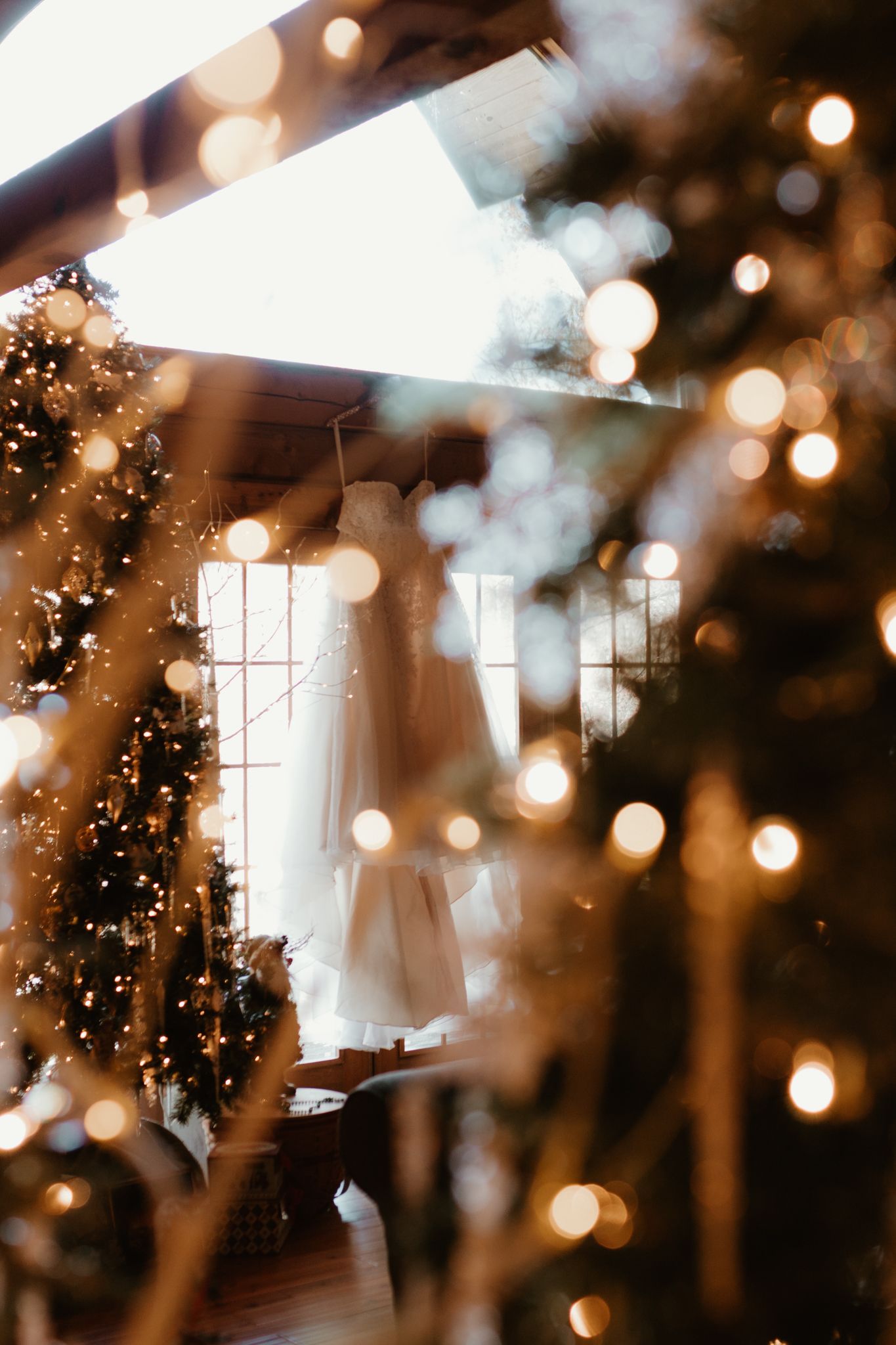 Blurred holiday room interior with decorated Christmas tree and soft bokeh lights creating a warm festive atmosphere.