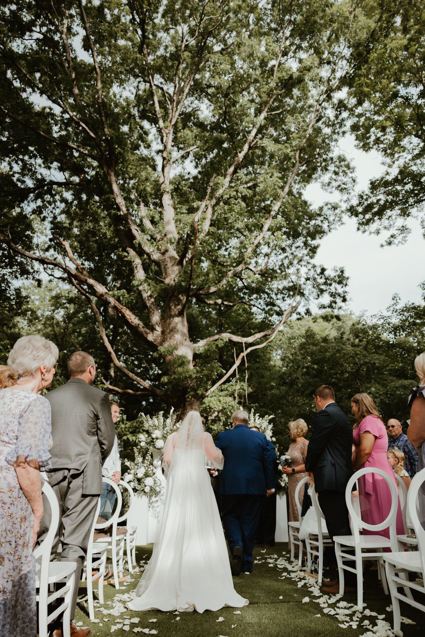 Wedding ceremony guests seated on white chairs under large trees during an outdoor summer celebration.