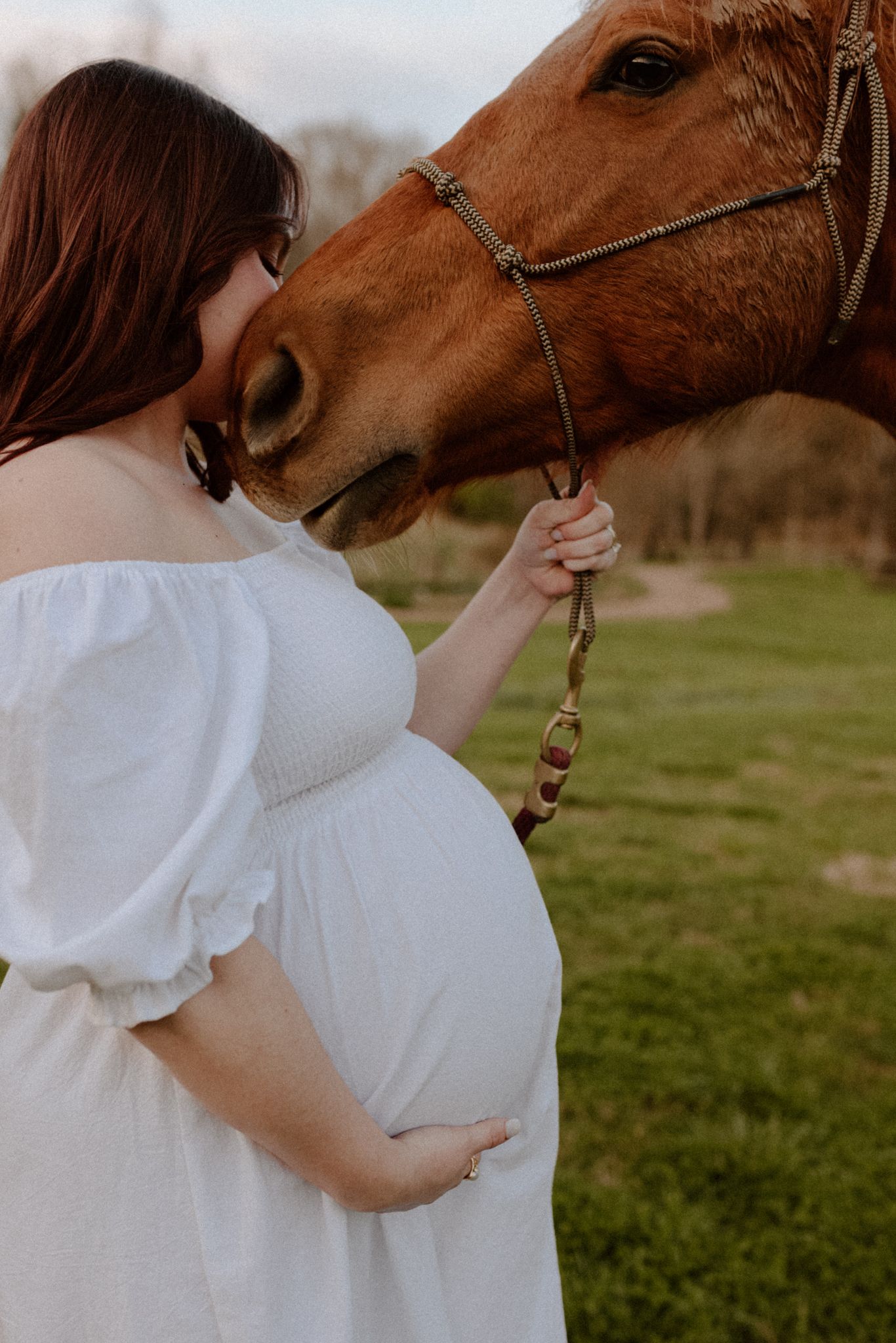 A chestnut horse nuzzles close to someone wearing a flowing white dress in a grassy field.