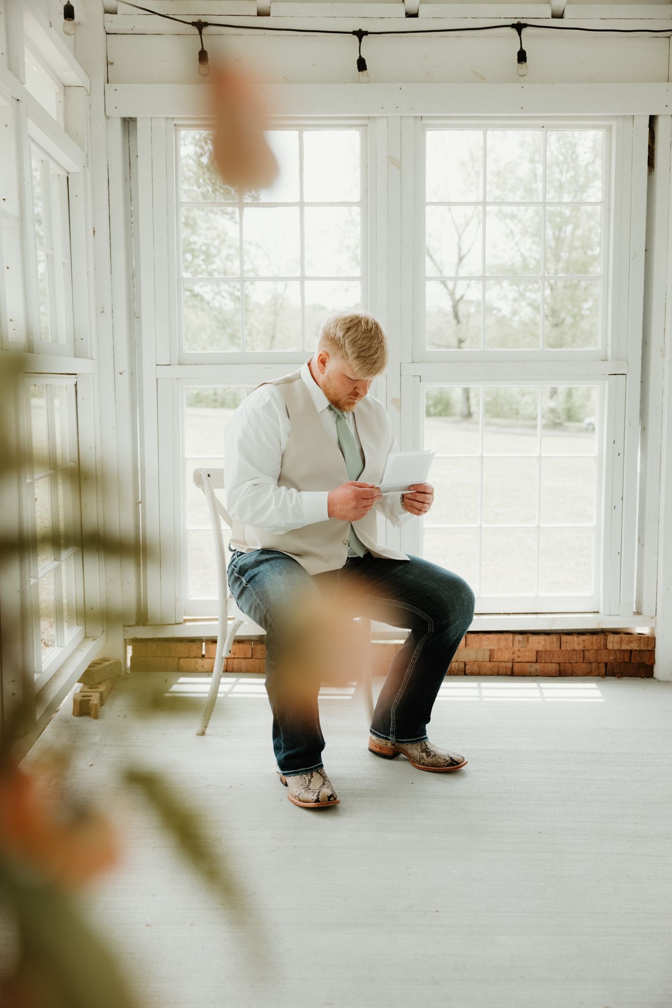 Series of candid moments in a bright white industrial space with large windows.