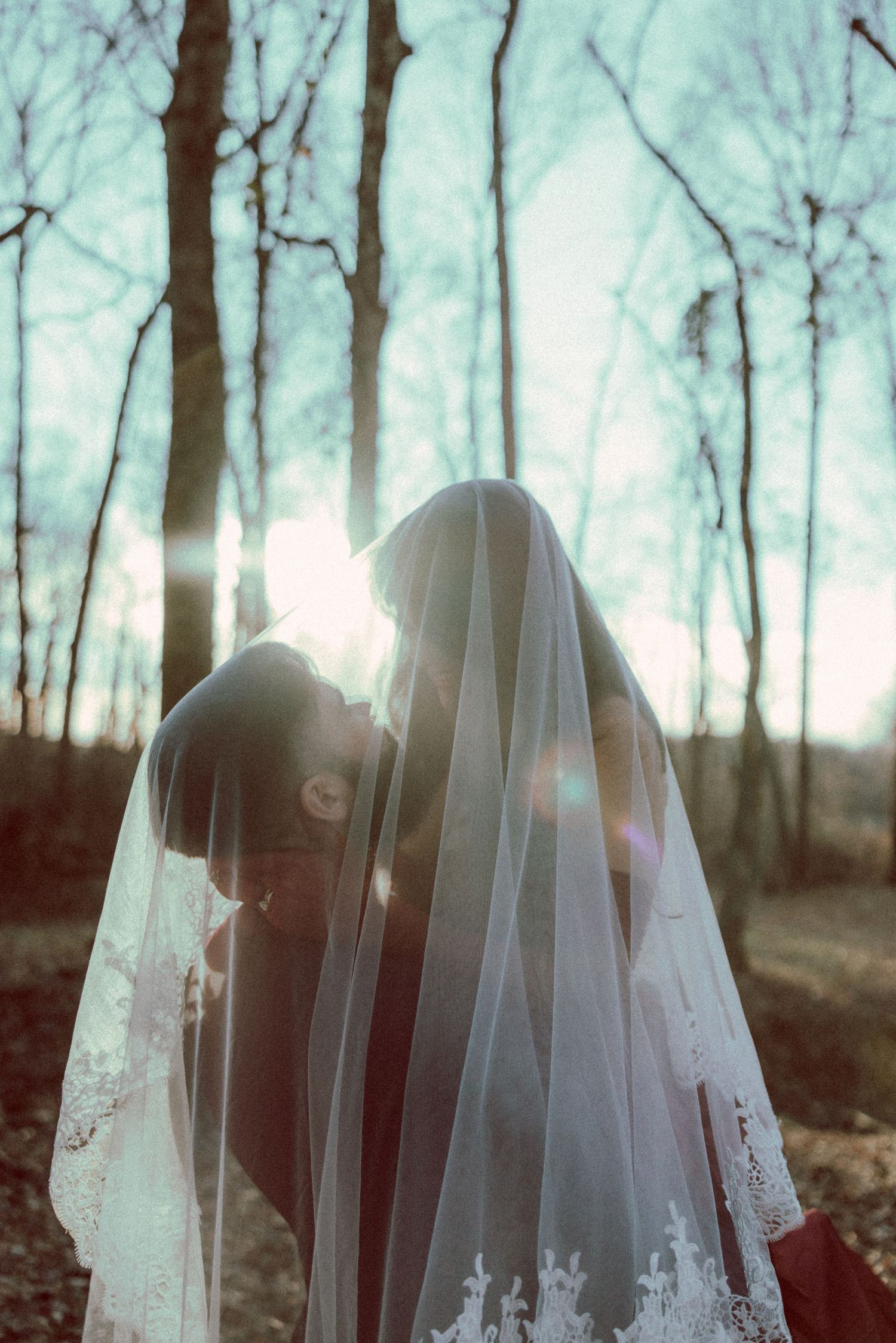 Two brides share a romantic kiss under a wedding veil in a sunlit forest setting.