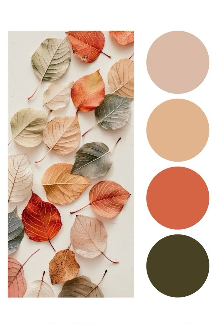 Fall leaves in muted tones of coral, beige and olive with matching color palette dots arranged on light background.
