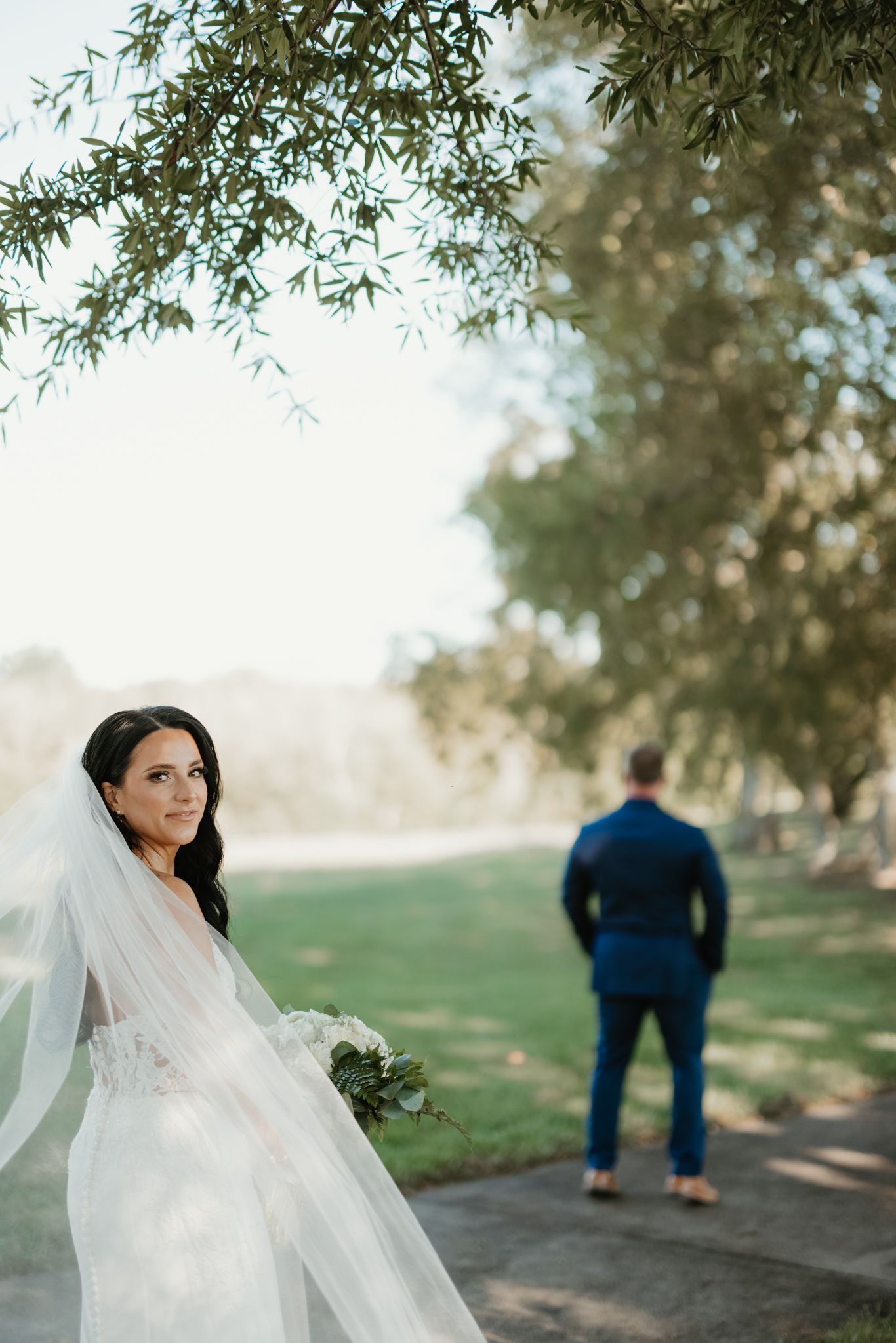 Wedding couple shares artistic photo sequence showing progressive focal shifts between bride and groom in outdoor garden setting.