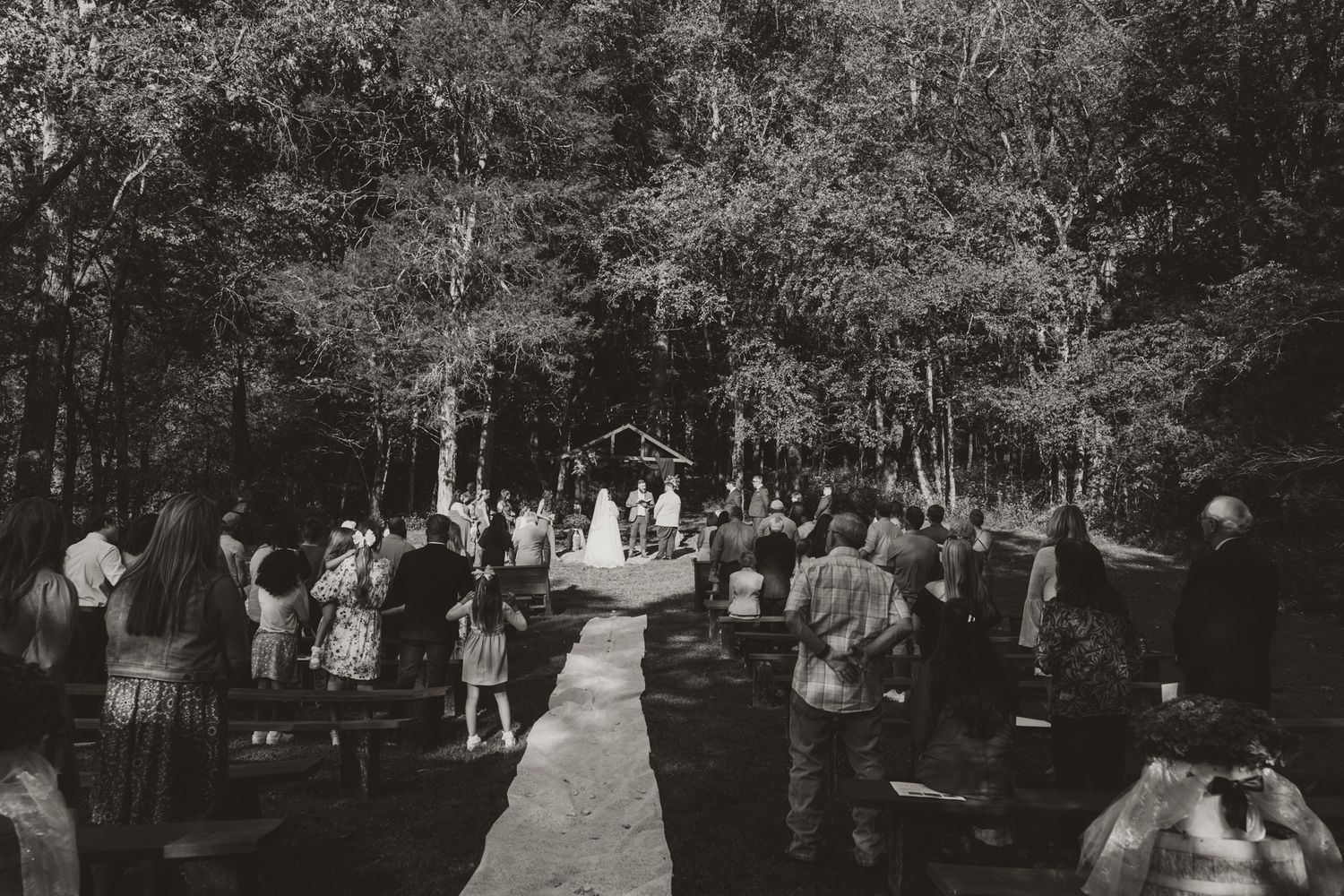 A black and white photograph of an outdoor wedding ceremony with guests gathered along a wooded path.