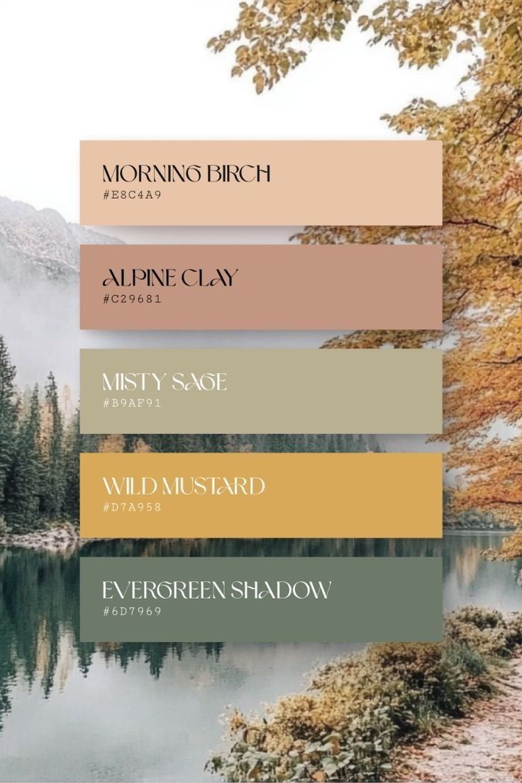Lakeside mountain landscape with autumn foliage and muted earth tone color palette swatches overlaid above.