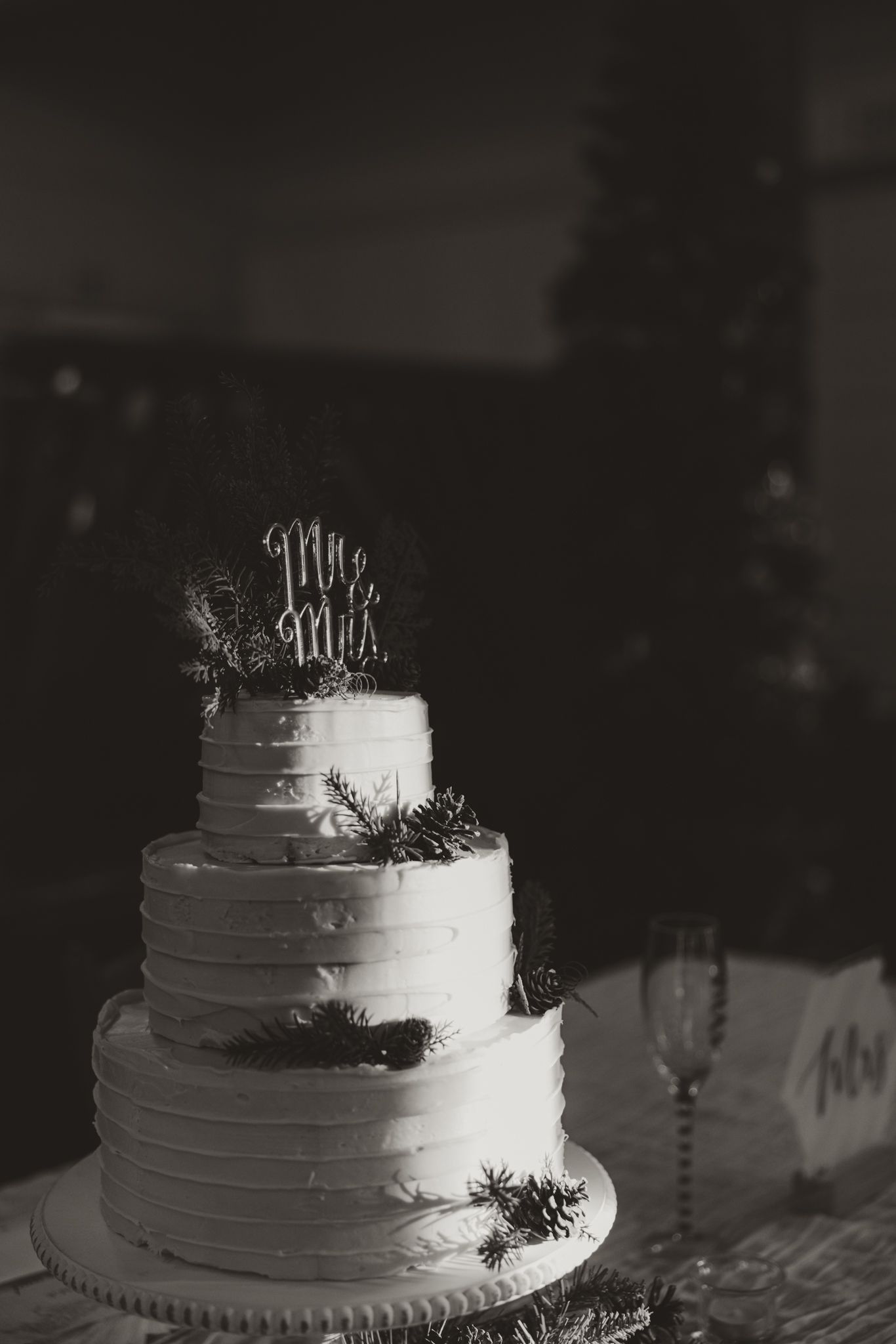 Black and white photo of an elegant three-tier wedding cake with rustic decorative elements.