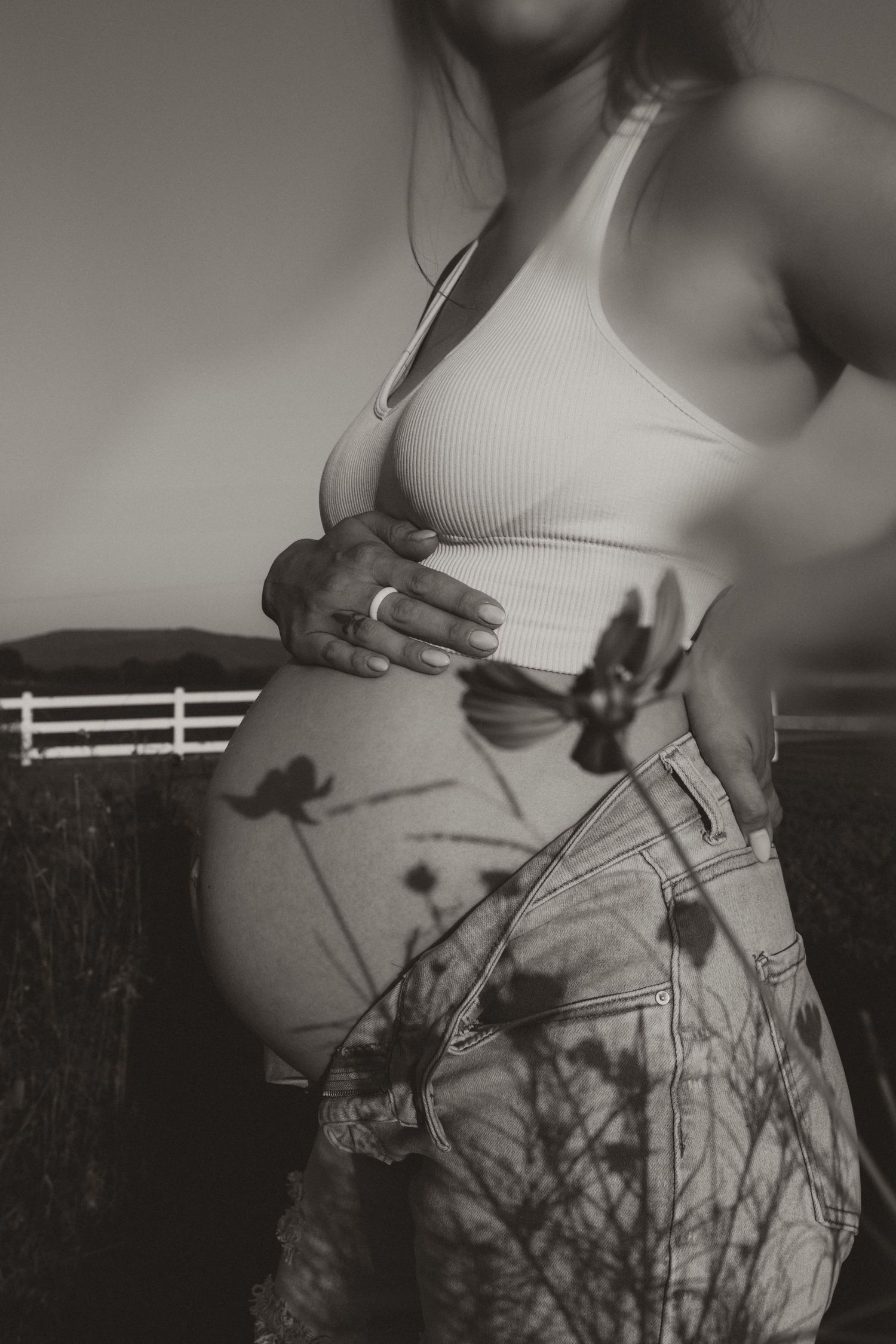 A series of black and white artistic photos showing a pregnant belly silhouette.