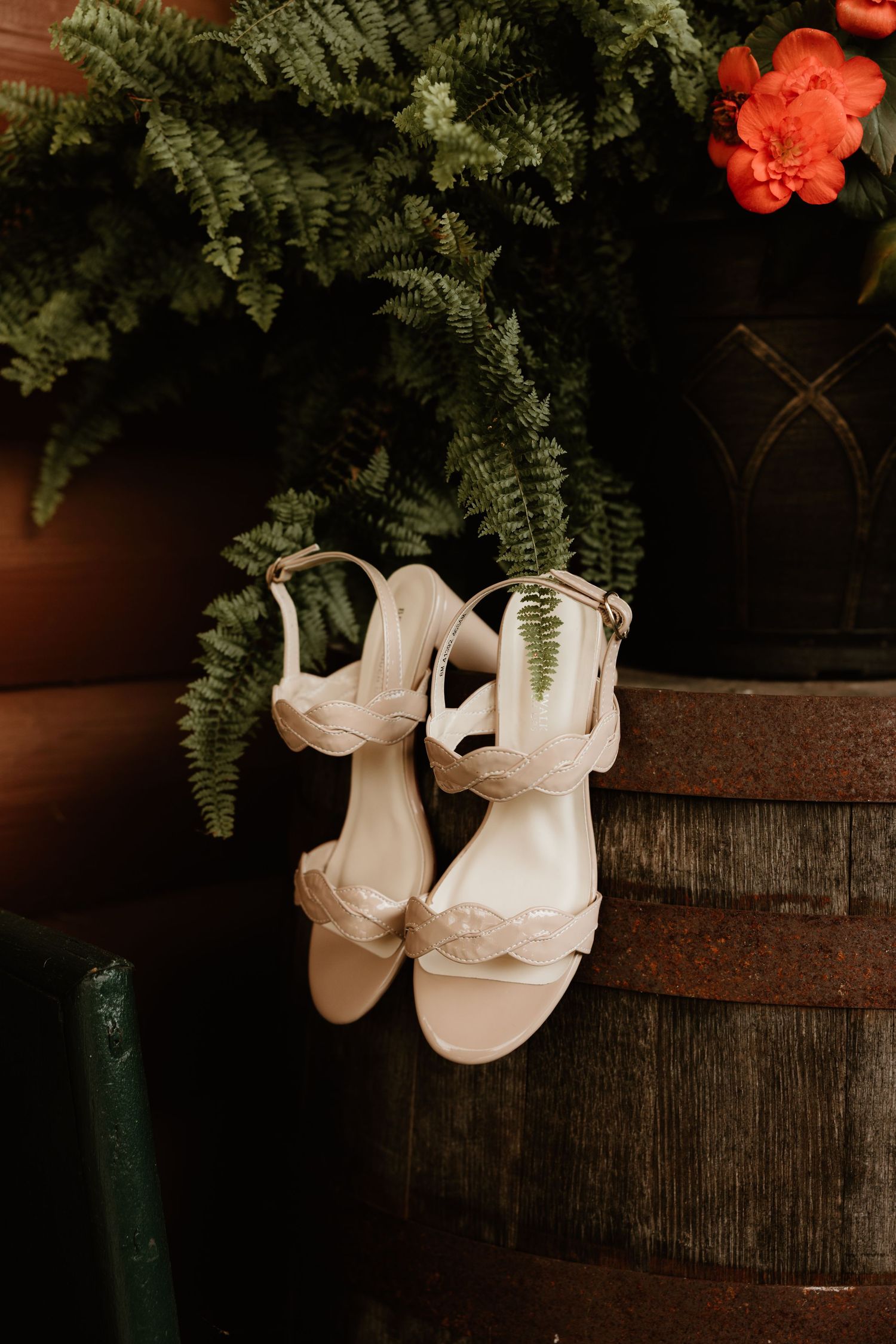 A series of white ballet slippers or wedding shoes displayed against a dark wooden backdrop with cascading greenery.