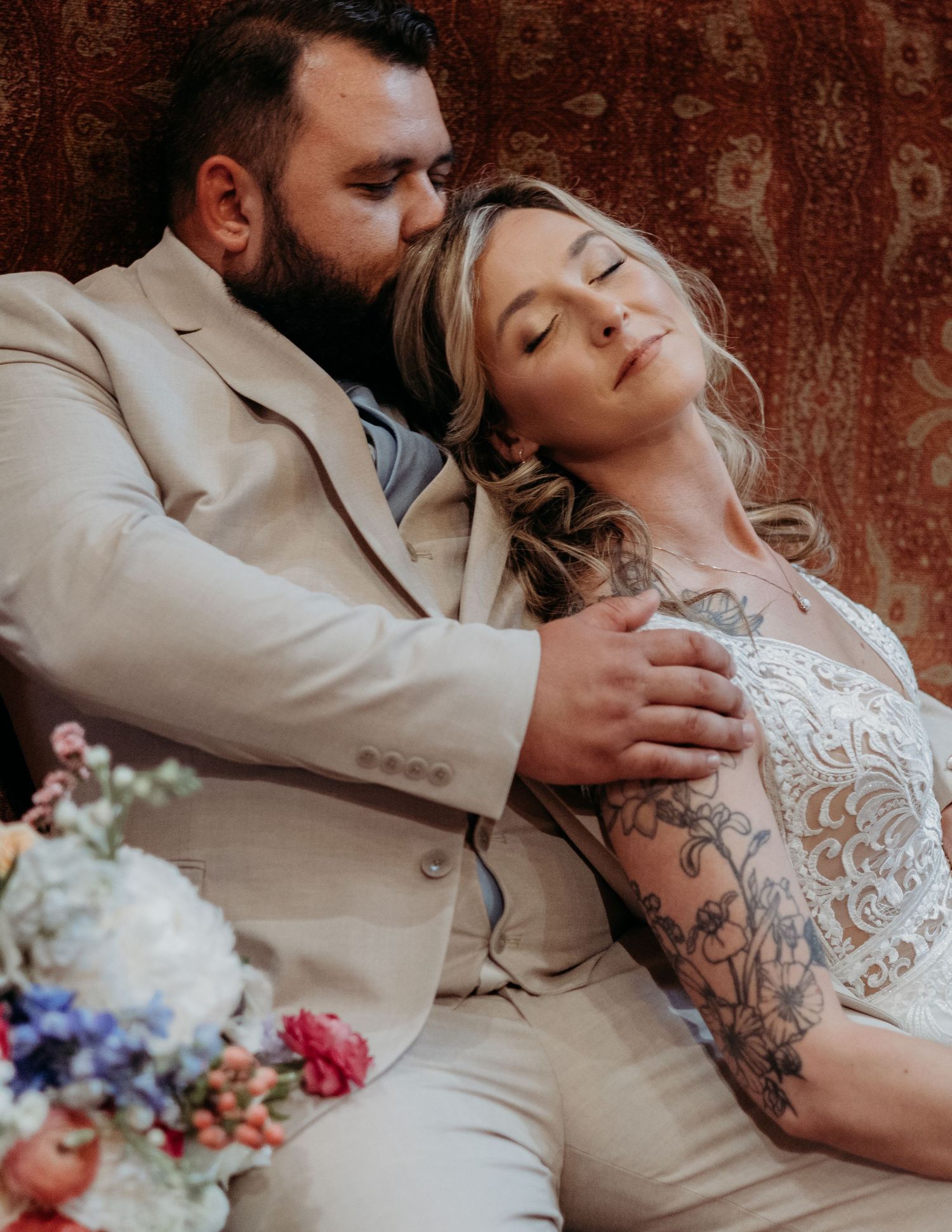 Romantic wedding photo series showing close-up moments between couple in white lace dress and beige suit.