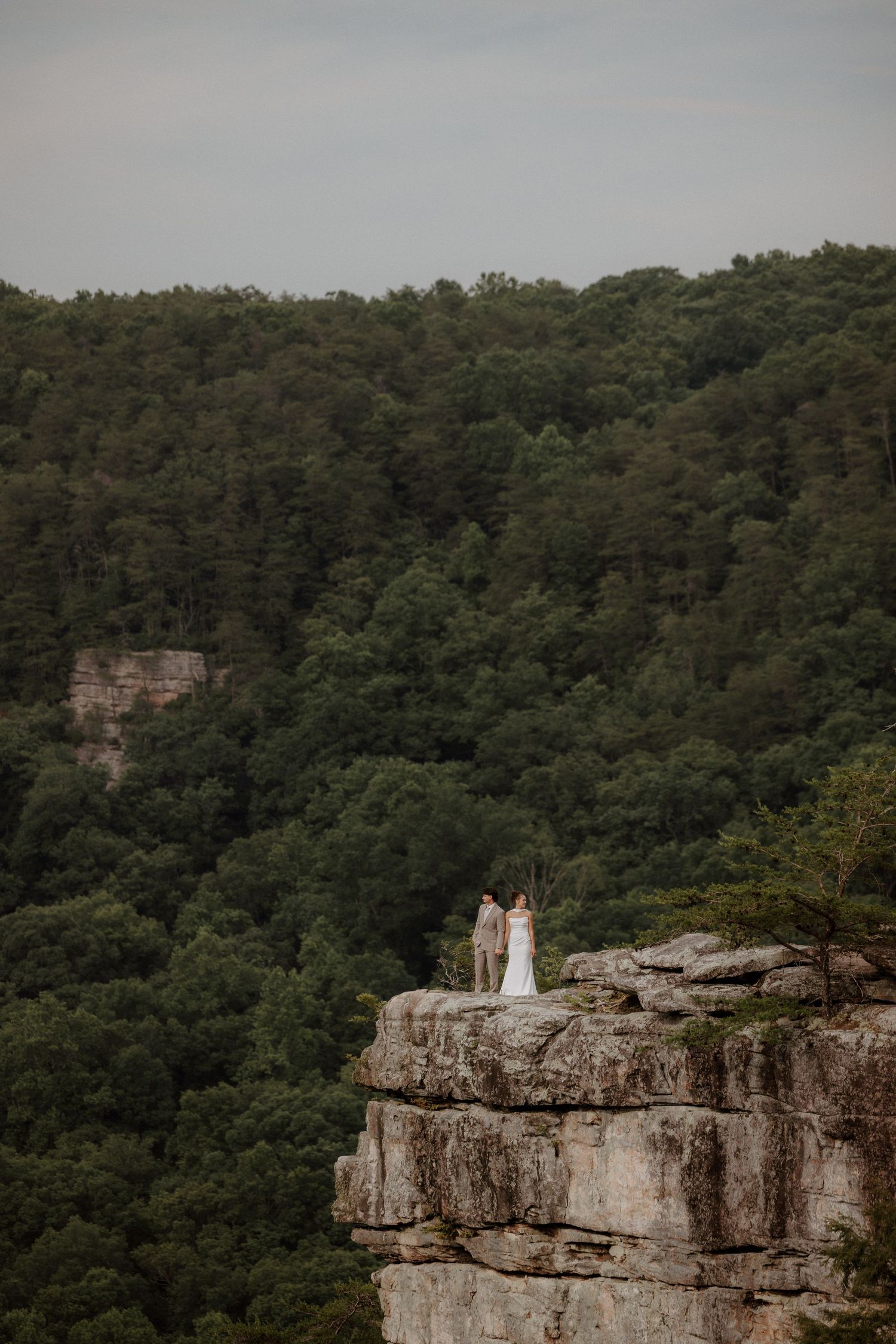 Wedding couple stands atop dramatic stone cliff edge surrounded by dense green forest landscape.