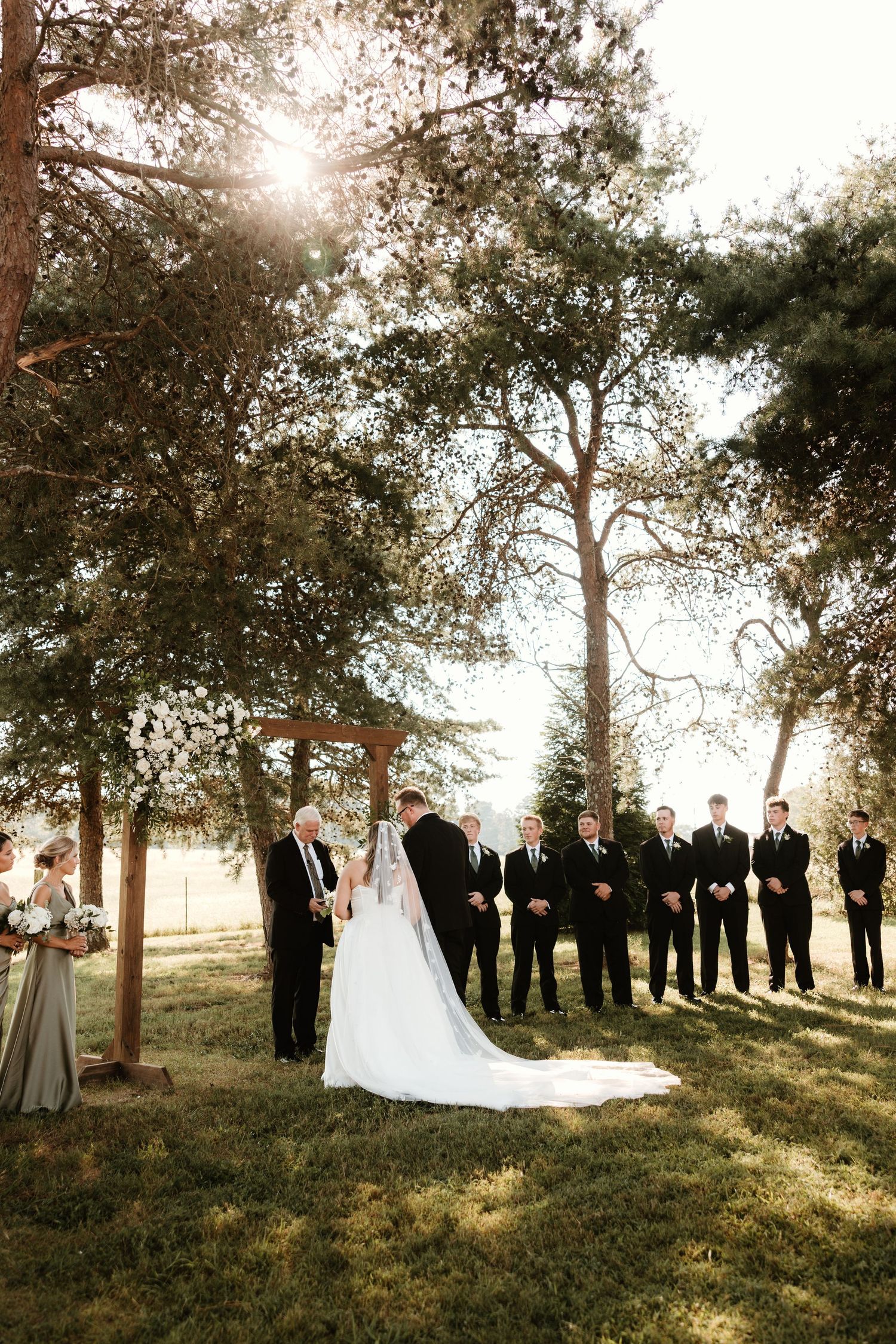 A wedding party stands in a line under sunlit trees creating a dreamy, backlit atmosphere in the outdoor setting.