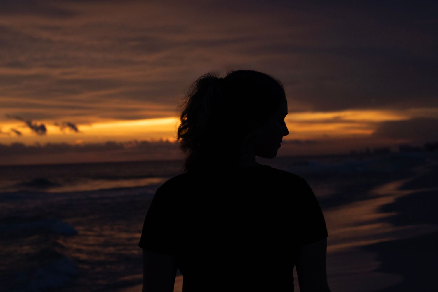 This is a silhouette photo on a beach during a sunset