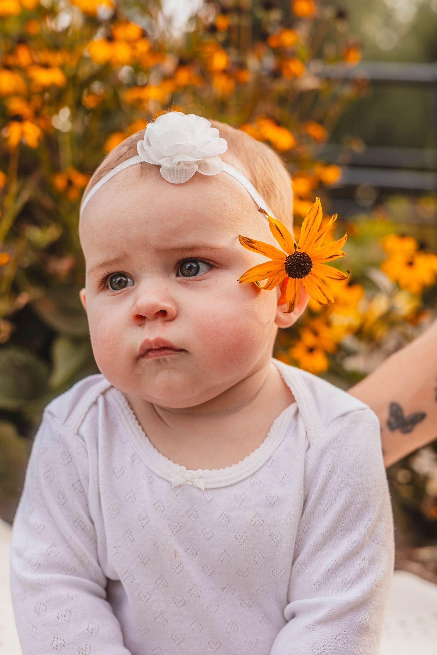 Cute baby girl with white flower headband and orange daisy tucked behind ear, sitting outdoors.