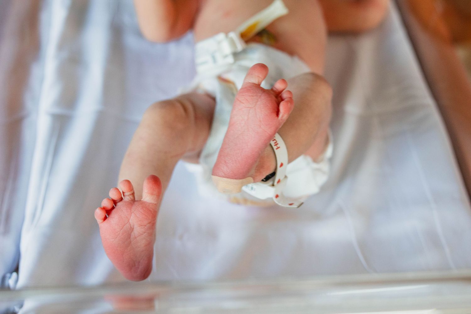 Close-up of newborn baby feet with hospital ID bracelet on white blanket.