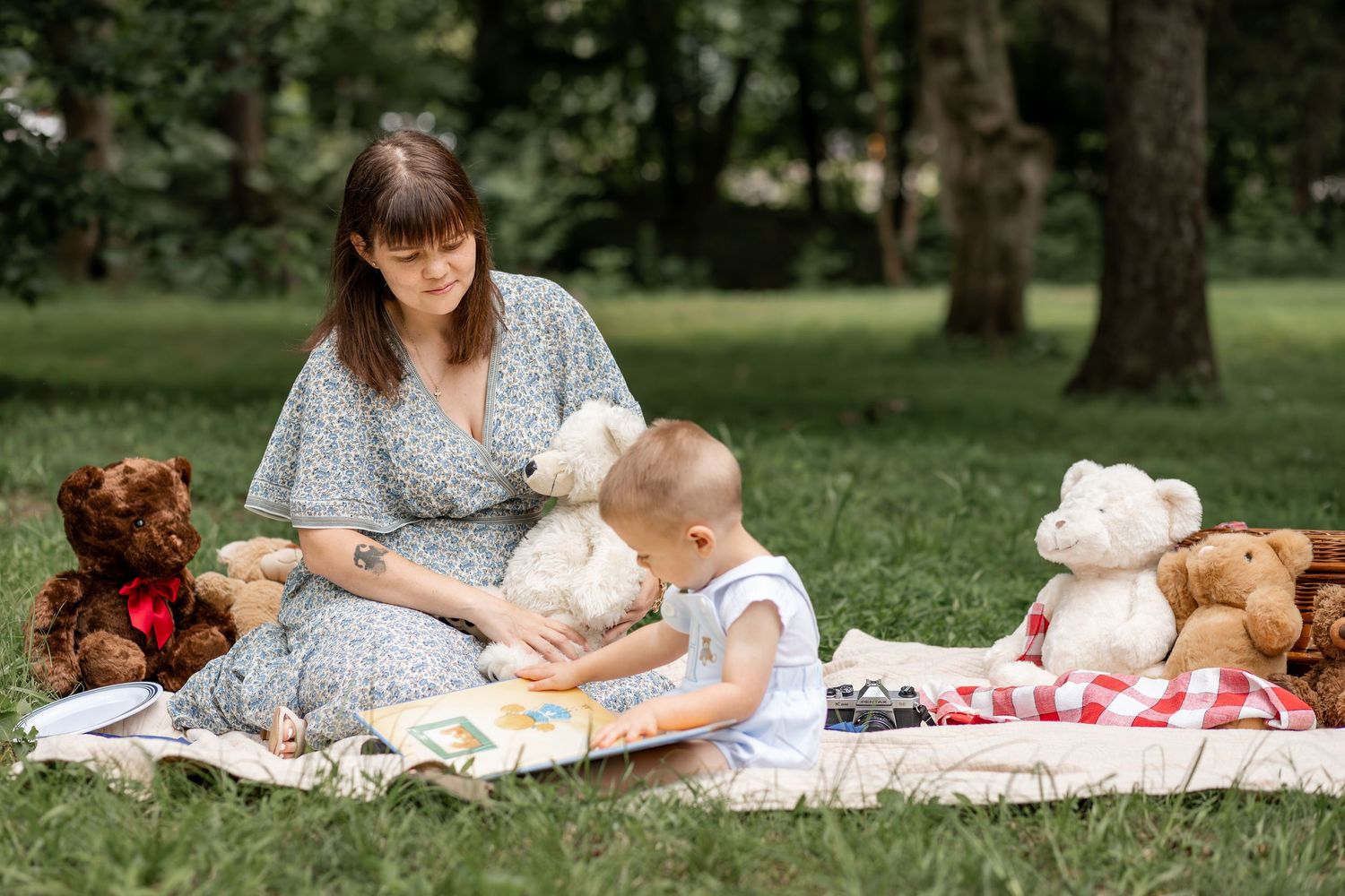 Pregnant woman and toddler reading a book on a blanket in a park surrounded by teddy bears.