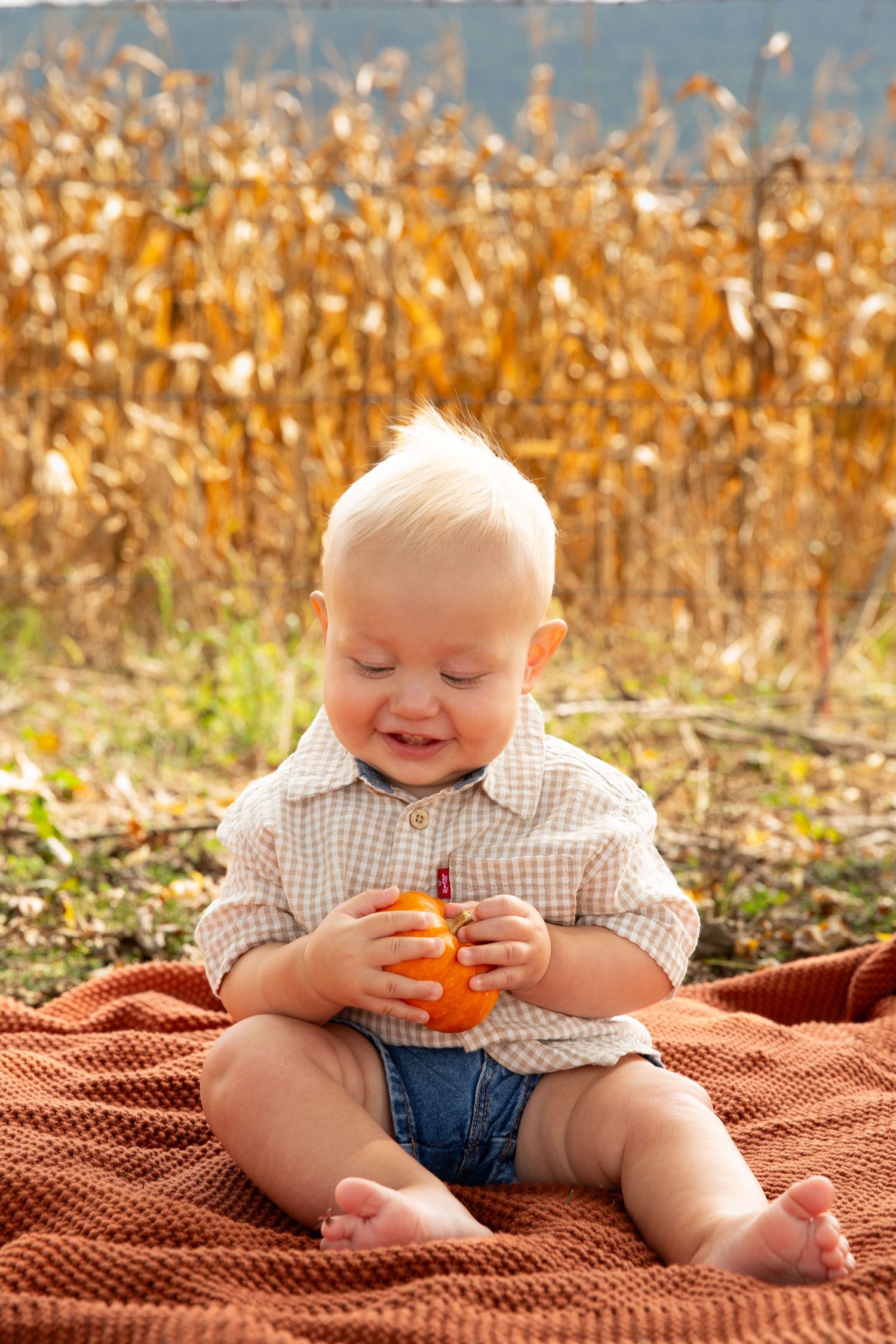 A baby in sits on an orange blanket playing with a small pumpkin in a cornfield-Northwest Georgia Jessica M Cooper Photography LLC