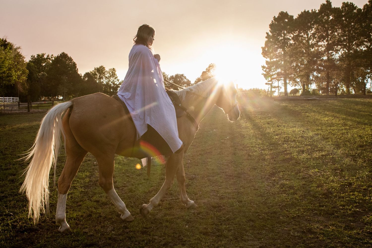 Woman in white dress riding a palomino horse at golden sunset in a green field with trees in background.