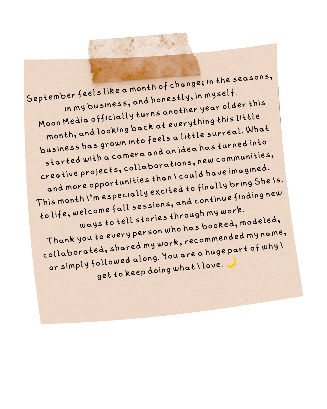 Handwritten note on aged paper celebrating Moon Media's anniversary, expressing gratitude for creative projects and collaborations.
