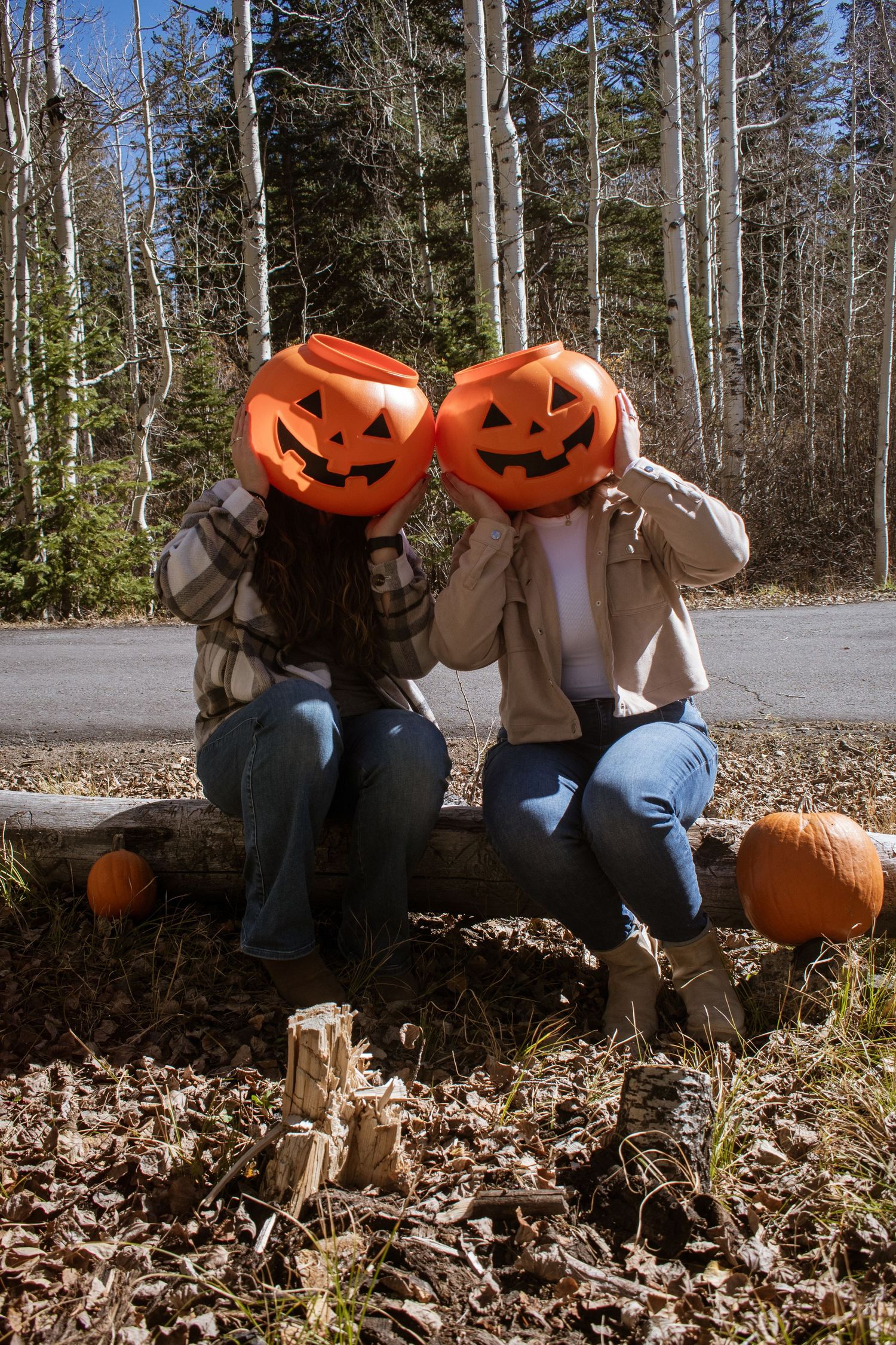 Two people sitting on a log holding jack-o-lantern buckets over their faces surrounded by fall foliage and pumpkins.