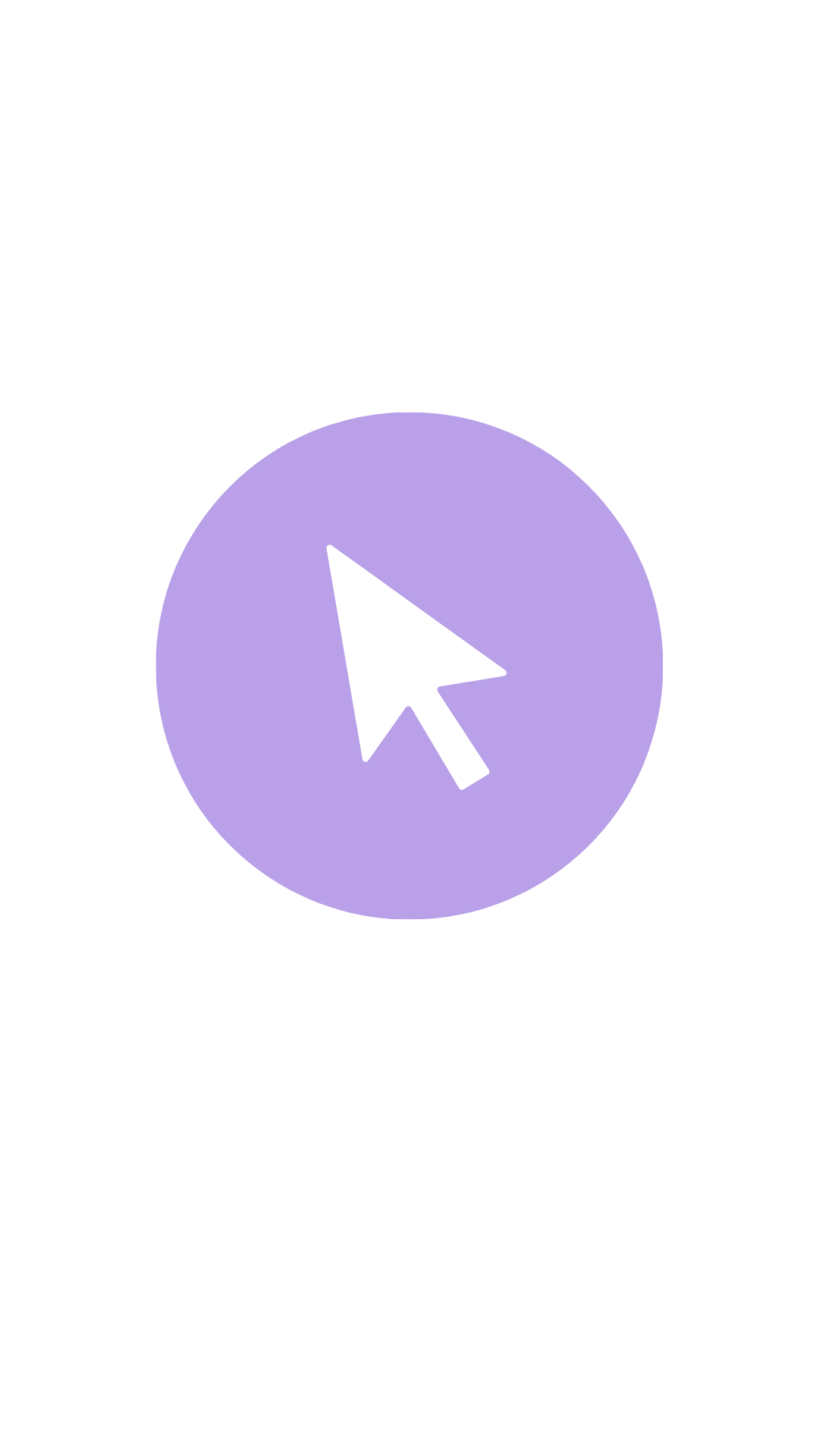 Purple circle icon with a white cursor arrow pointer symbol centered on a white background.