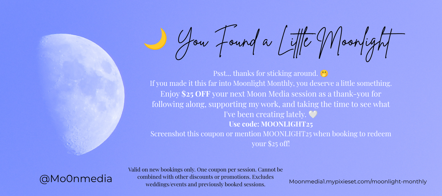 A moonlit promotional graphic offering a discount coupon code MOONLIGHT for Siren Siesta Media booking services.