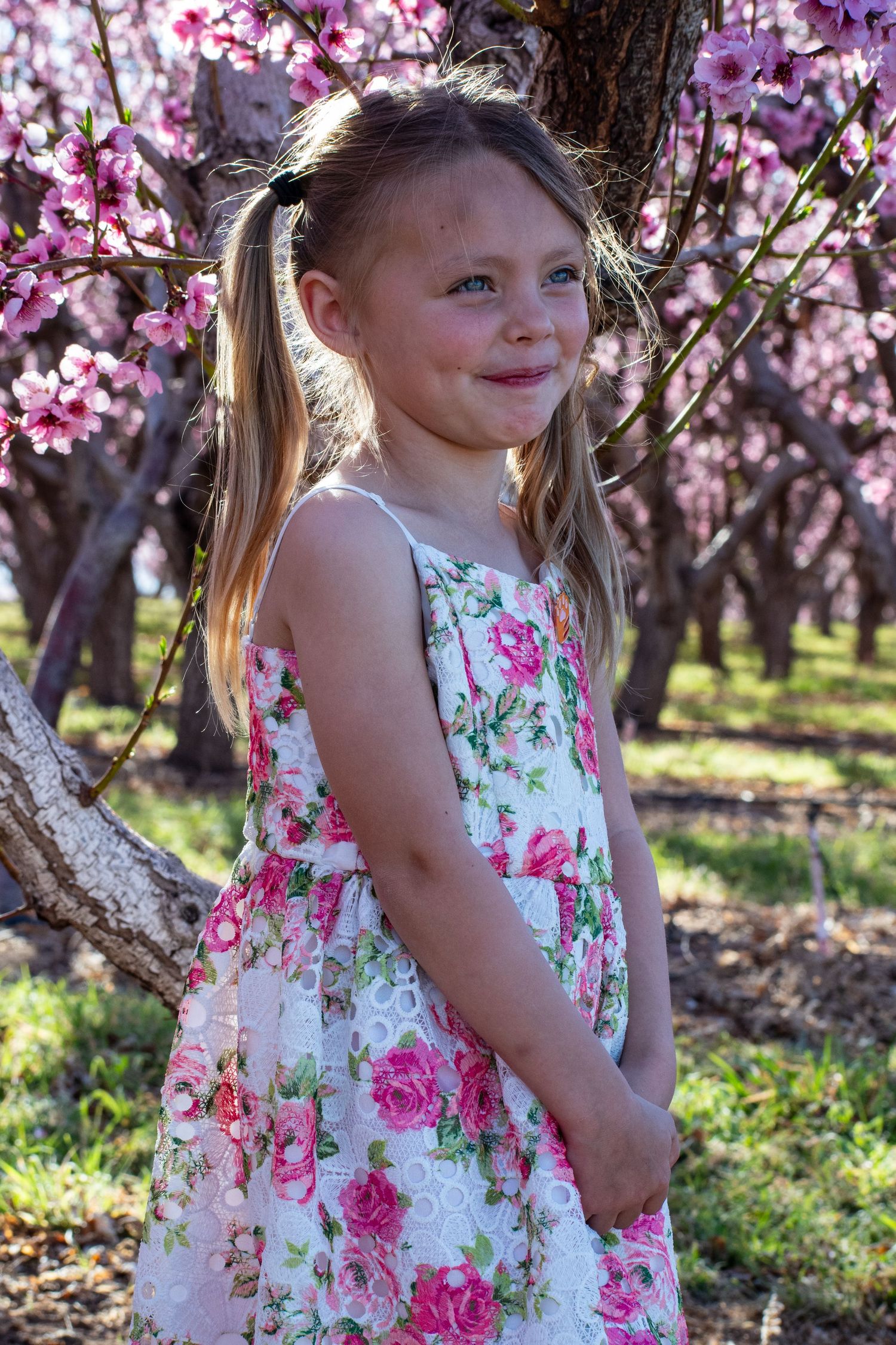Young girl in floral dress smiling in front of beautiful pink blossoming trees in spring.