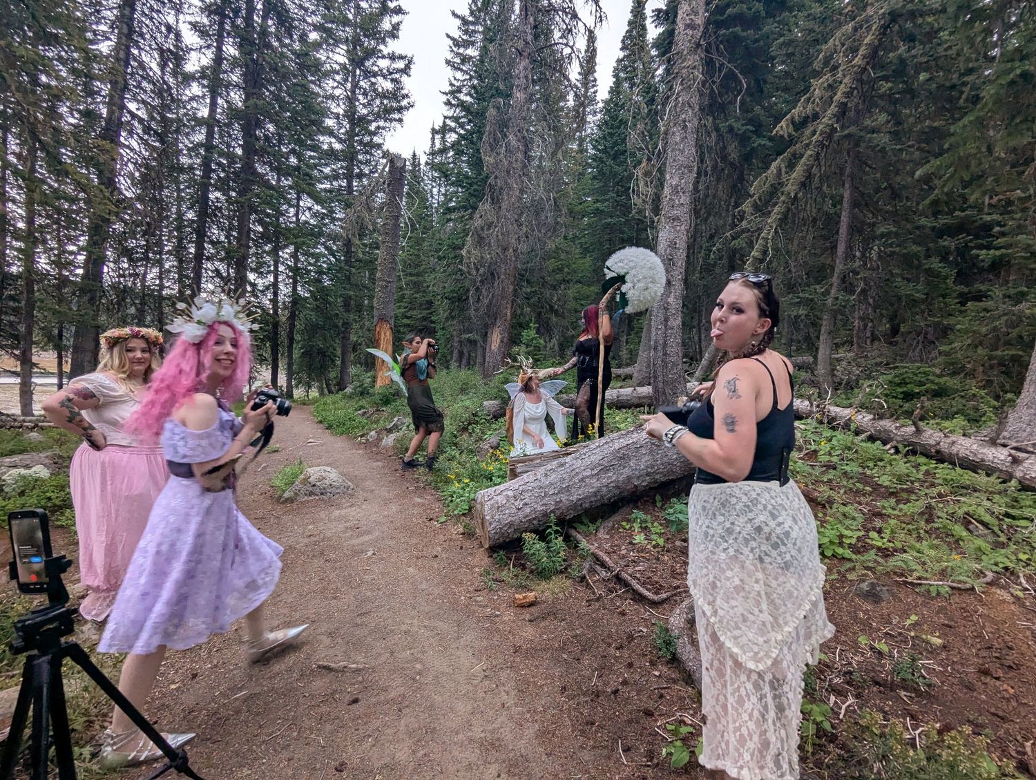 Women in fairy costumes on a forest trail during an outdoor fantasy photoshoot among tall pine trees.