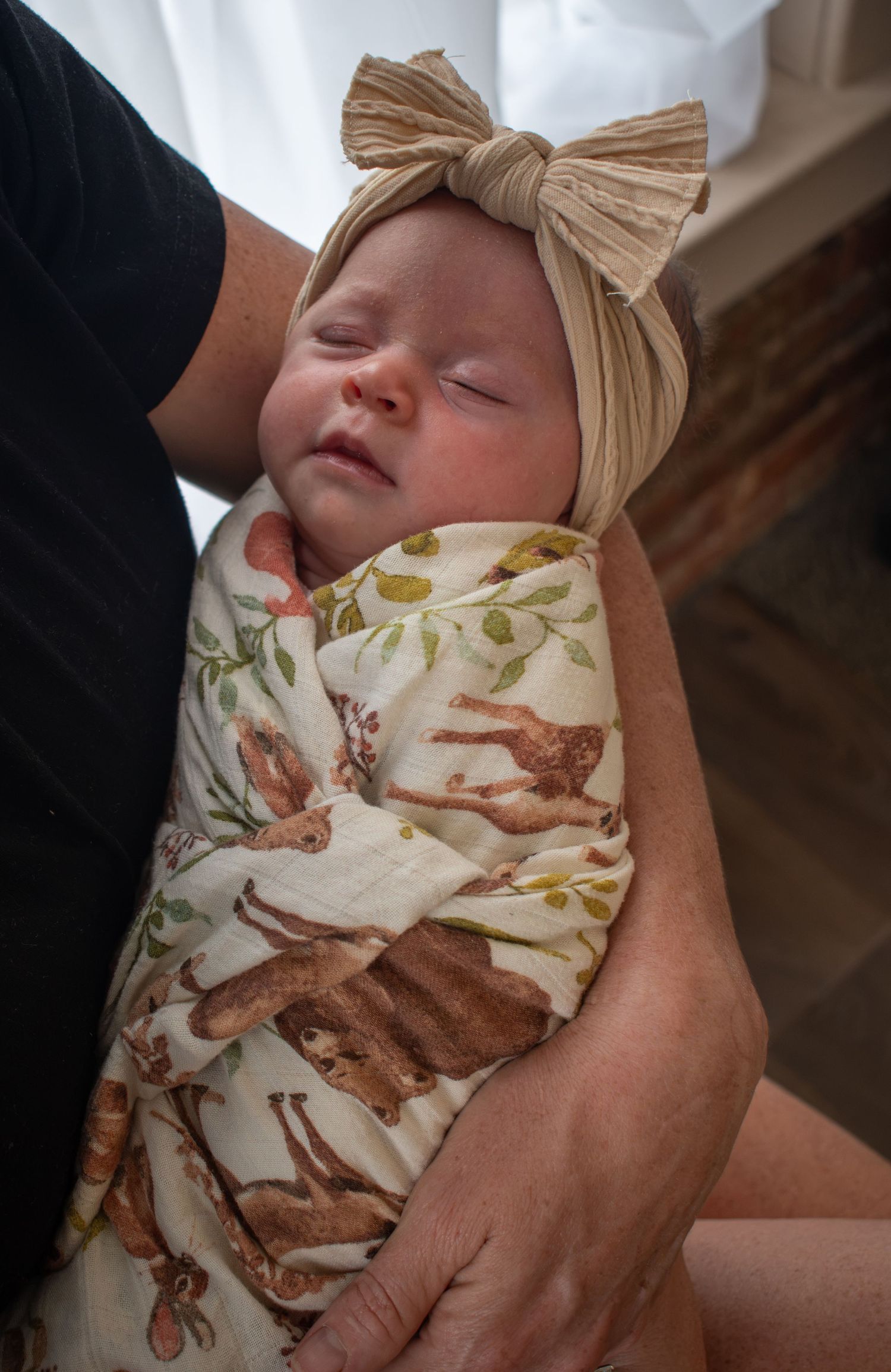 Newborn baby swaddled in deer-print blanket wearing tan bow headband, sleeping peacefully in adult arms.