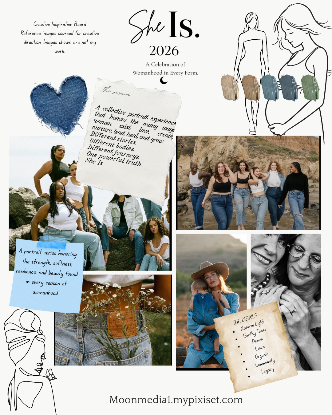 A 2026 womanhood celebration mood board featuring diverse women, fashion sketches, and inspirational text on a white background.