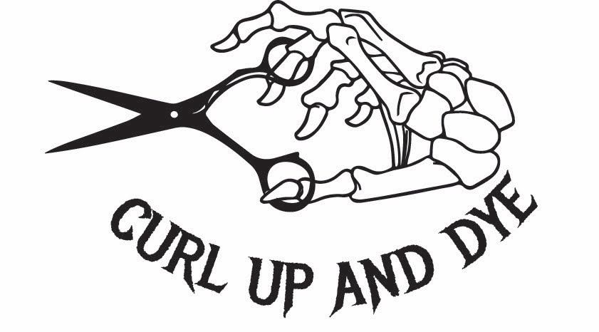 Curl Up and Dye salon logo featuring a skeleton hand holding scissors in a bold black and white illustration.