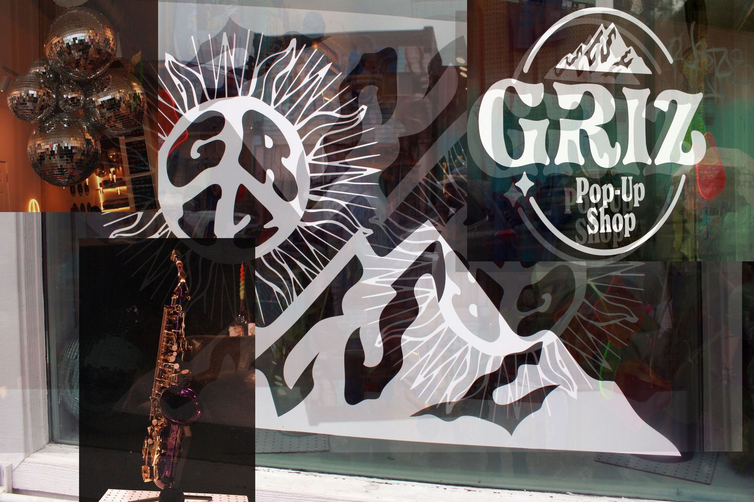 Griz Pop-Up Shop window display featuring mountain and peace sign artwork with a saxophone visible inside.