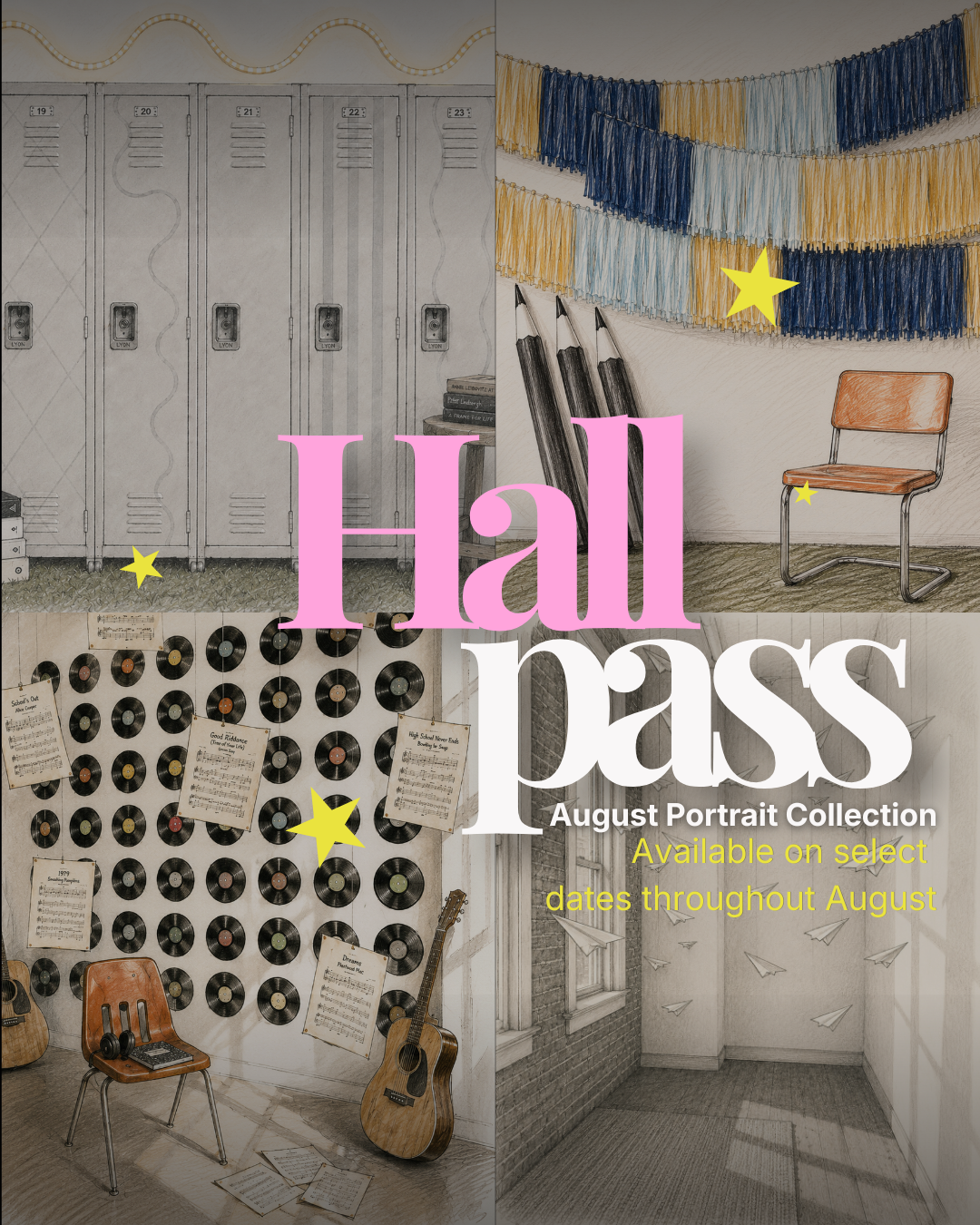 Hall Pass August Portrait Collection promotional collage featuring lockers, yarn wall art, vinyl records, and pencils.
